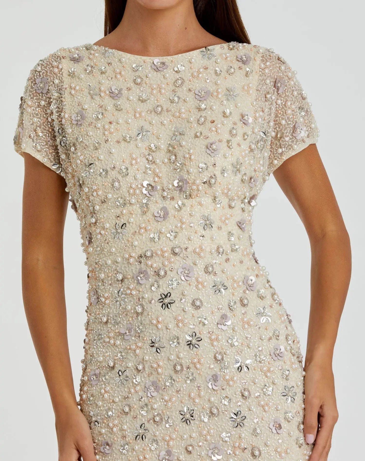 Ivory Floral Embellished Mesh Fitted Column Gown - Mac Duggal