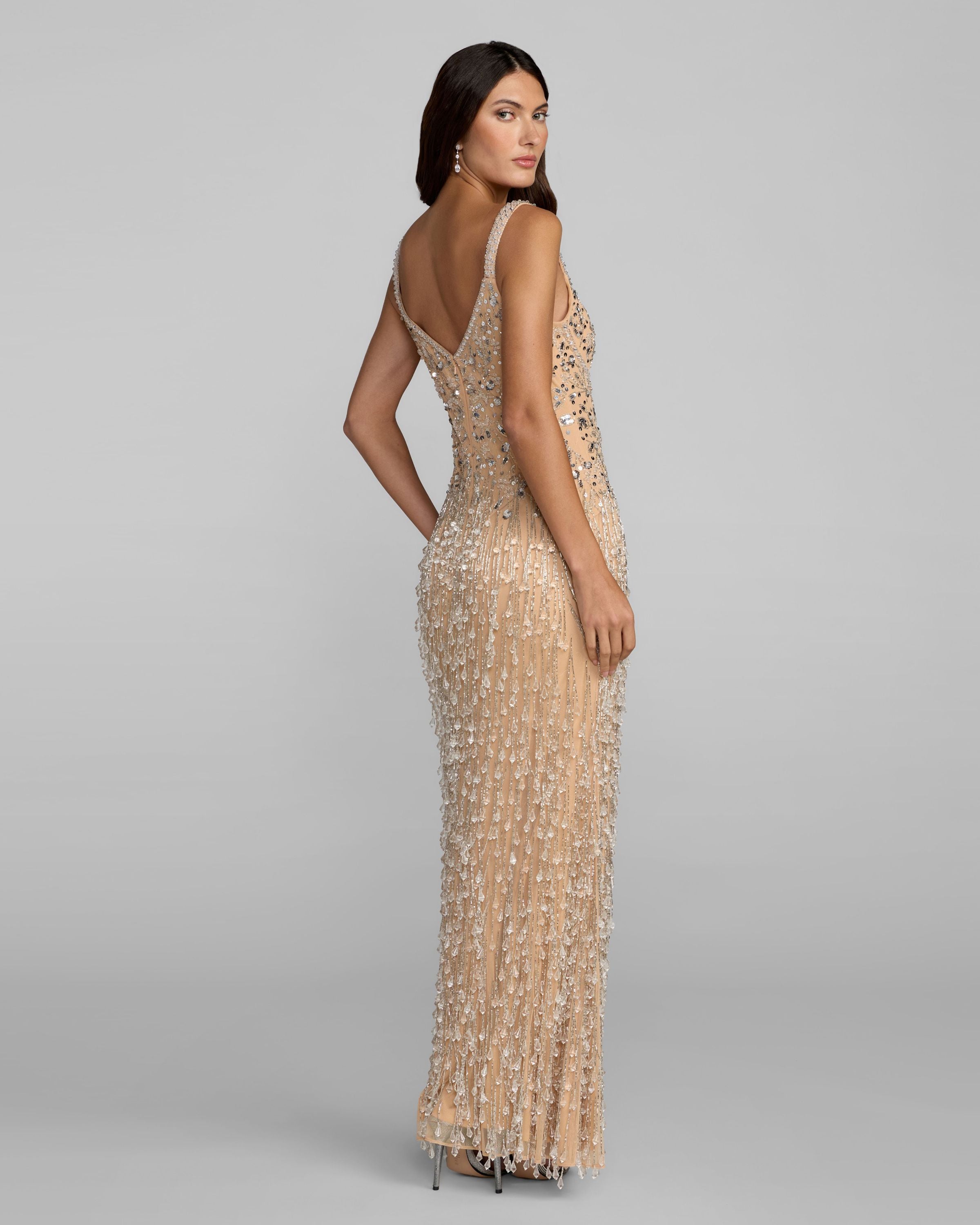 Beige Beaded Fringe Column Gown with Slit Mac Duggal