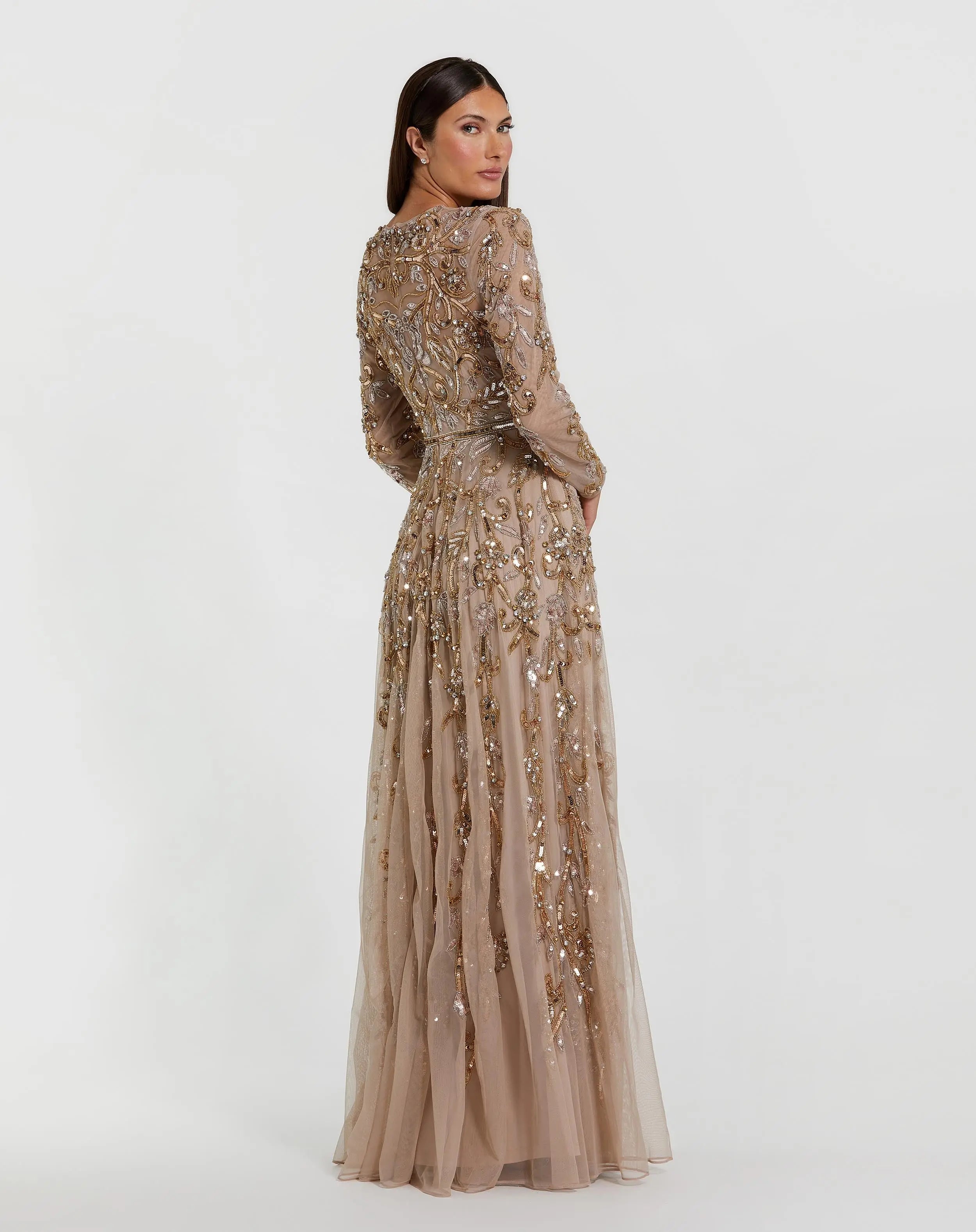 Long Sleeve Mesh Embellished Gown - Mac Duggal
