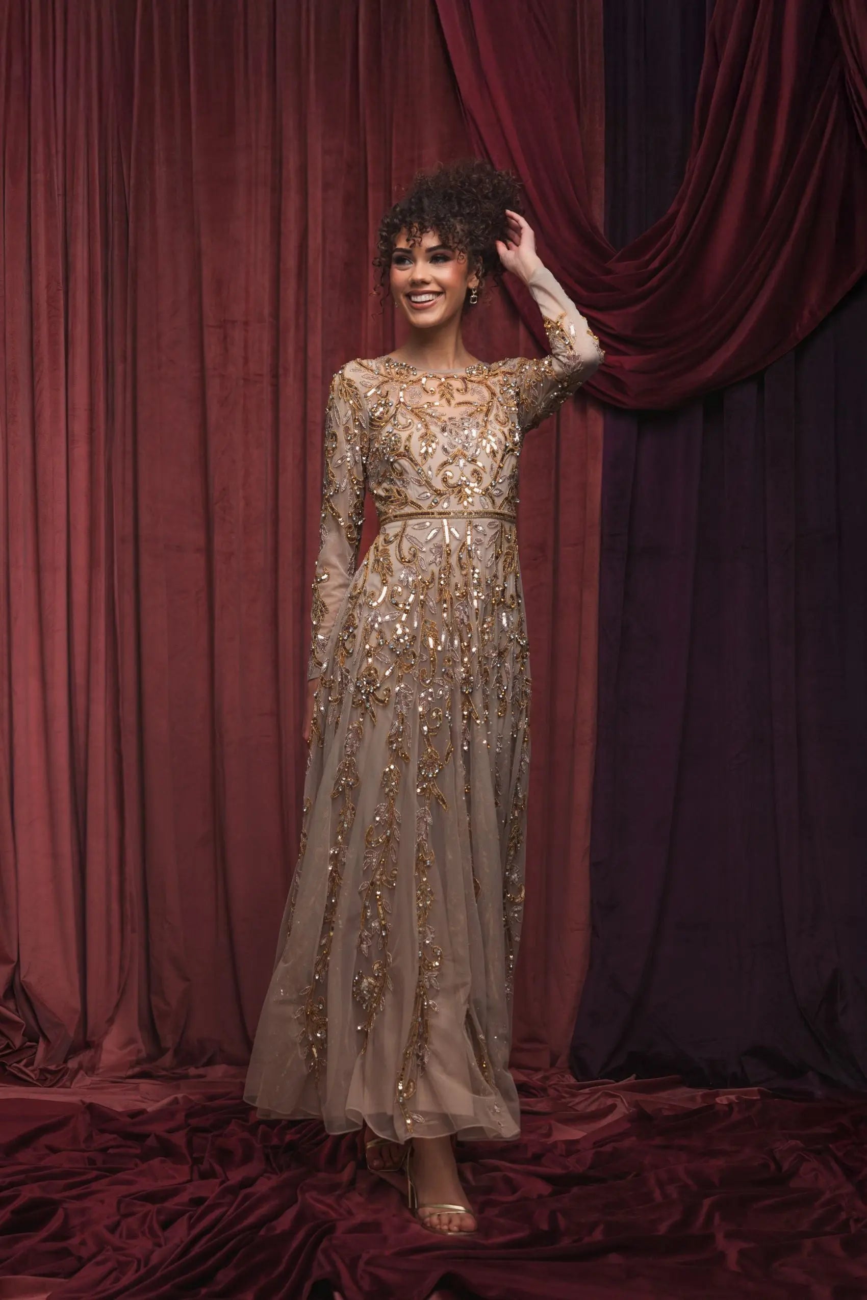 Mac Duggal - Beige Long Sleeve Hand Embellished Gown - Mocha Gold / US 8 Mac Duggal - Beige Long Sleeve Hand Embellished Gown - Mocha Gold / US 8