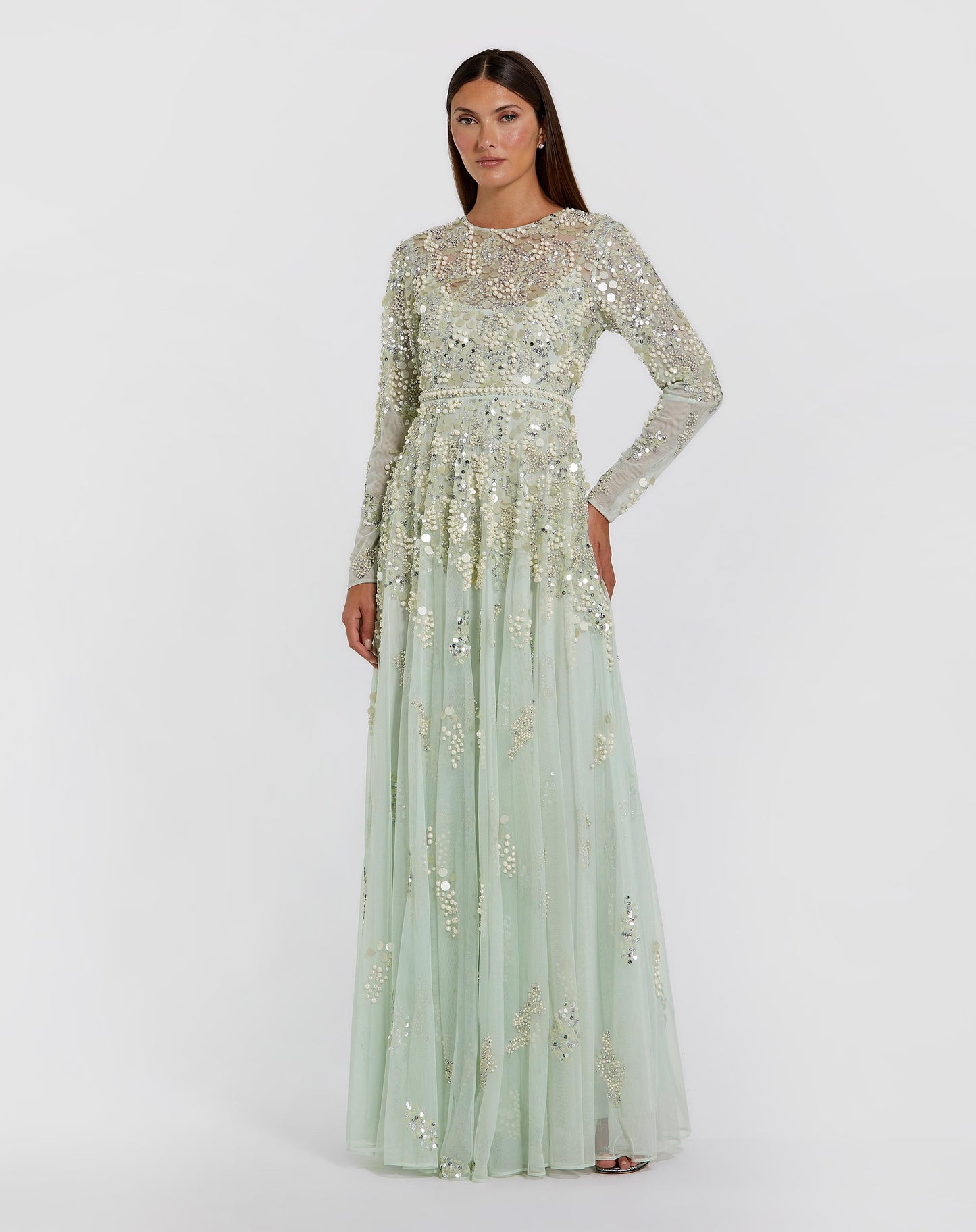 Green Long Sleeve Sequin Pearl Embellished Gown Mac Duggal