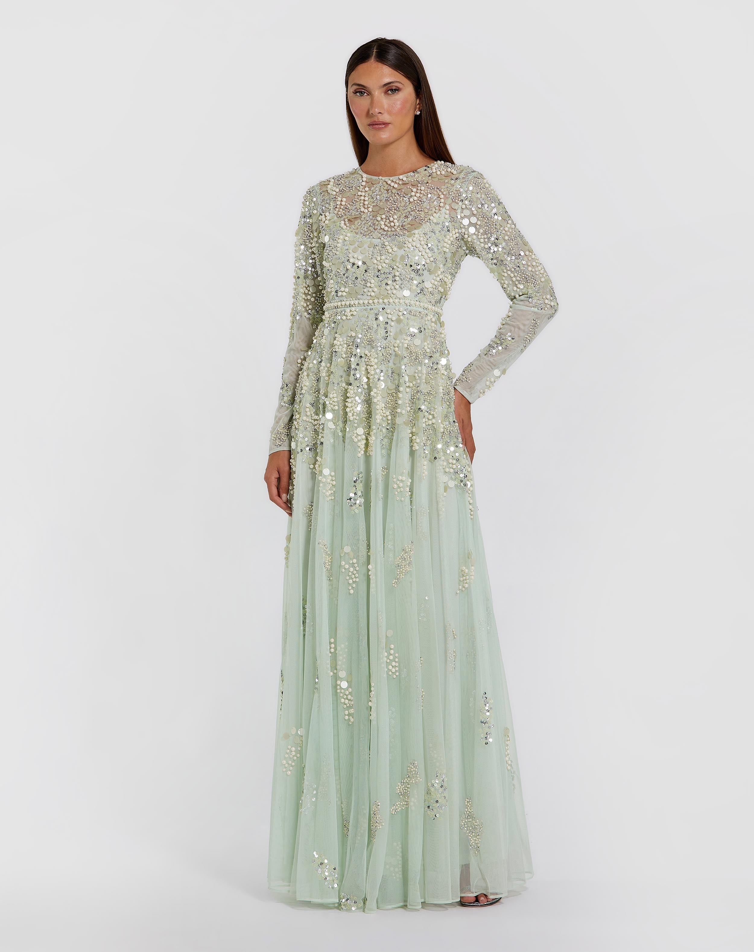 Green Long Sleeve Sequin Pearl Embellished Gown Mac Duggal