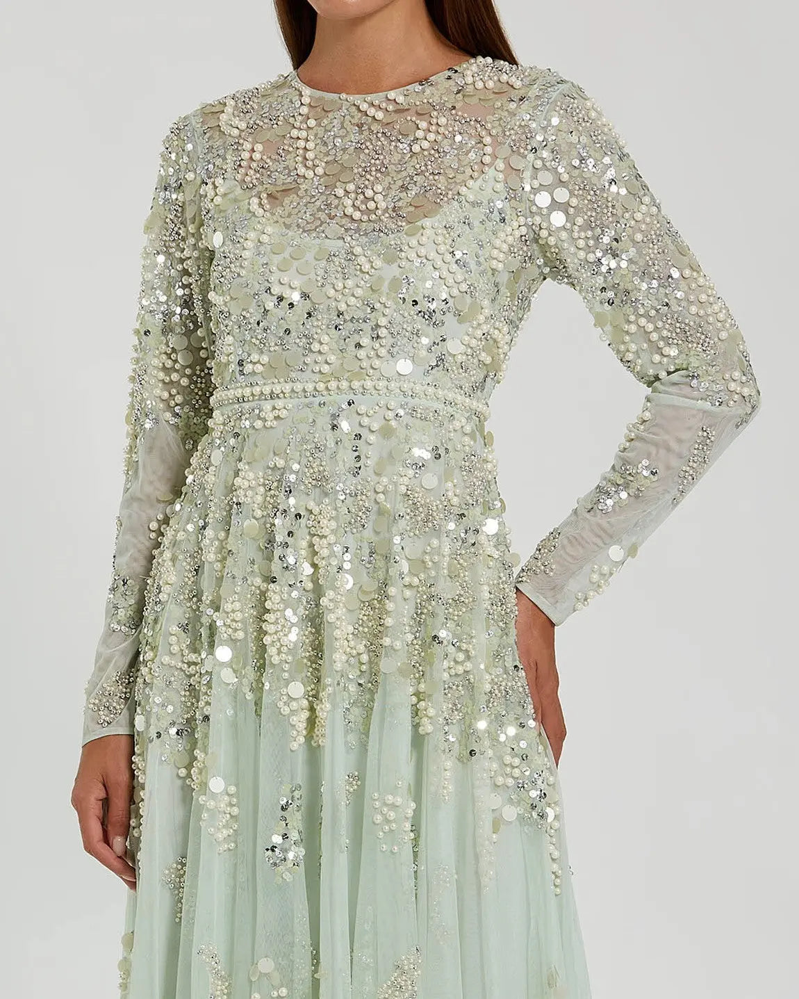 Green Long Sleeve Sequin Pearl Embellished Gown | Mac Duggal Green Long Sleeve Sequin Pearl Embellished Gown | Mac Duggal