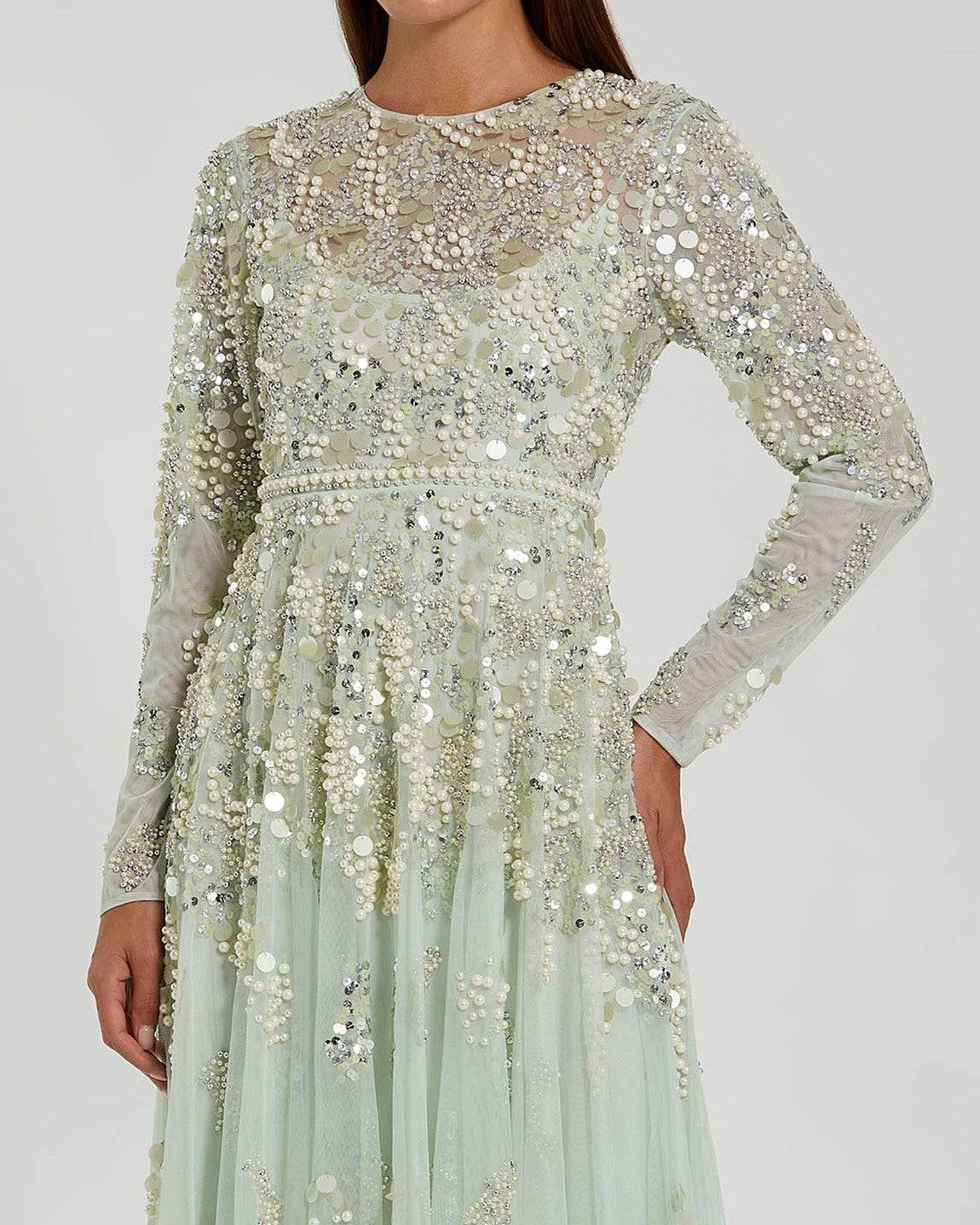 Green Long Sleeve Sequin Pearl Embellished Gown
