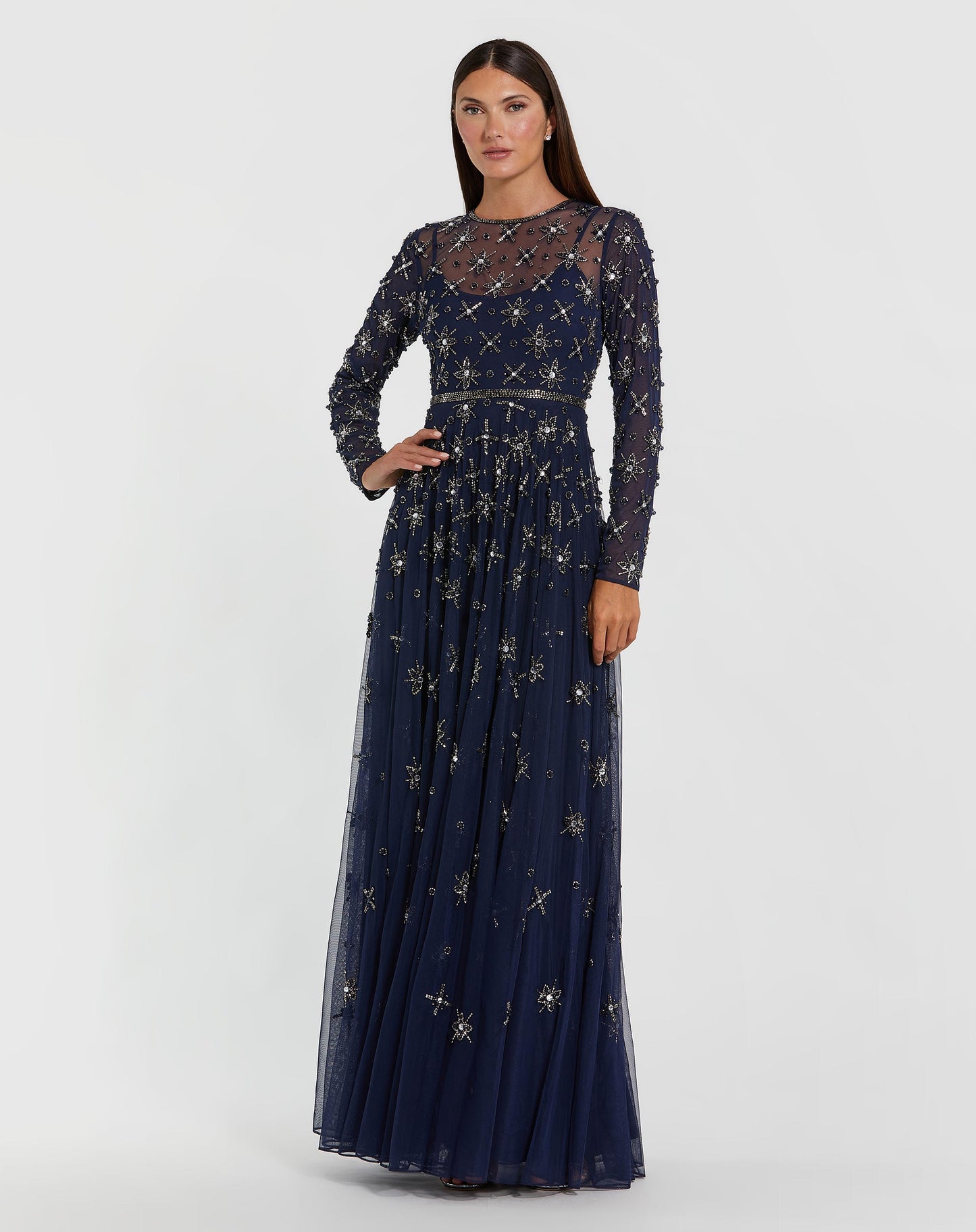 Navy Long Sleeve Crystal Embellished Evening Gown - Mac Duggal