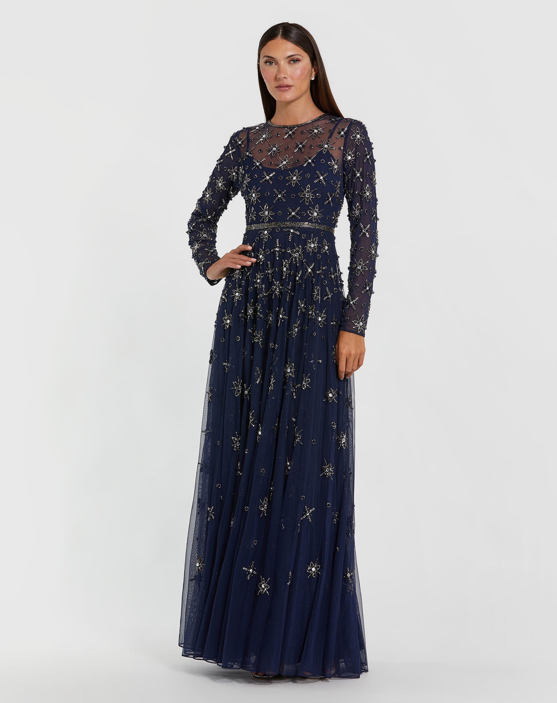 Navy Long Sleeve Crystal Embellished Evening Gown - Mac Duggal
