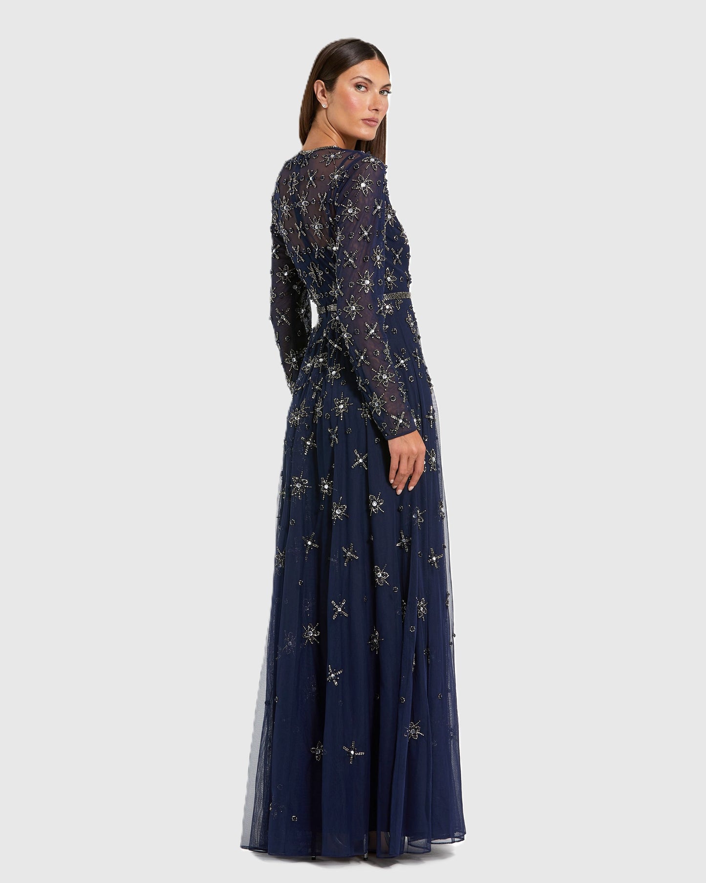 Navy Long Sleeve Crystal Embellished Evening Gown Mac Duggal