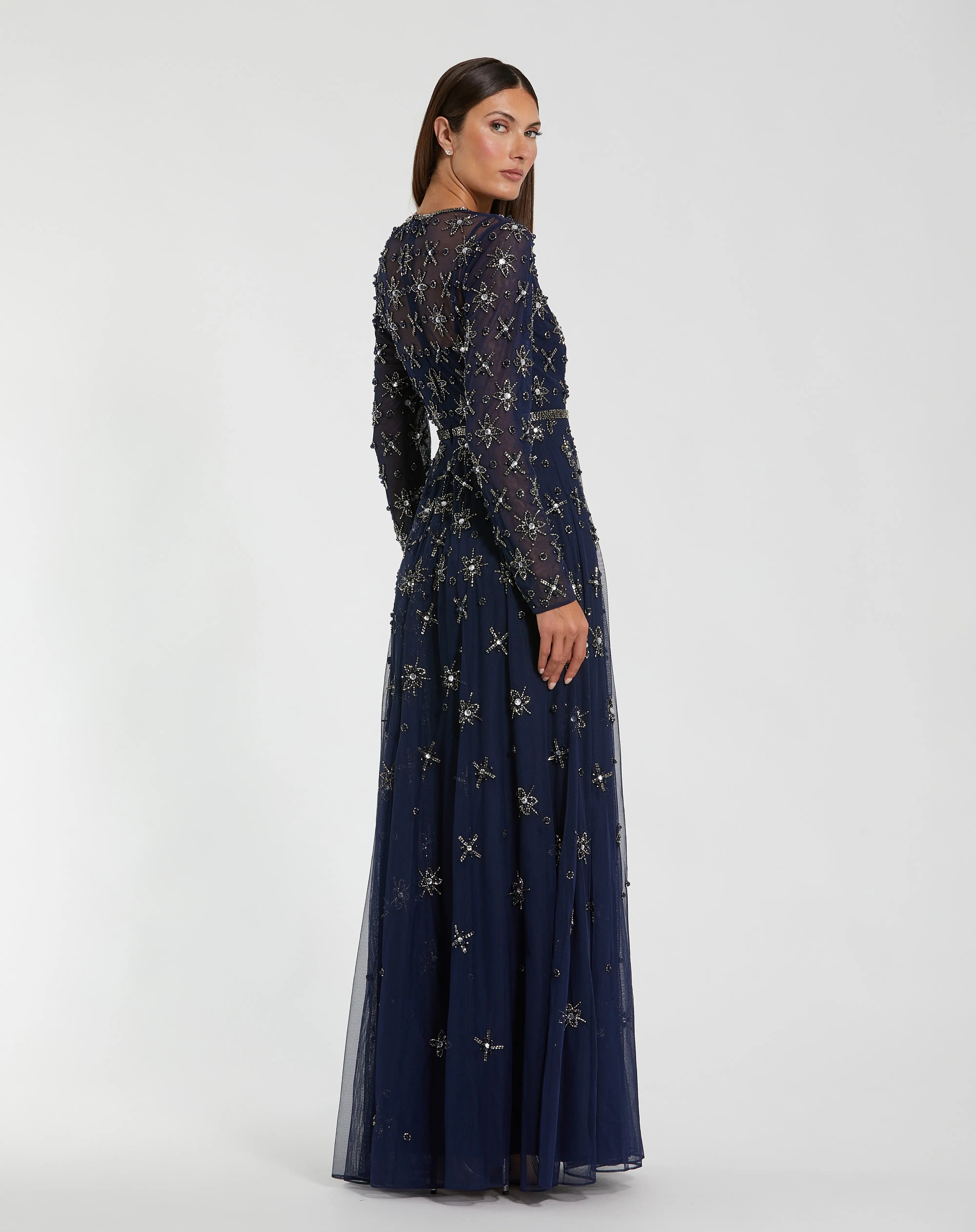 Navy Long Sleeve Crystal Embellished Evening Gown Mac Duggal