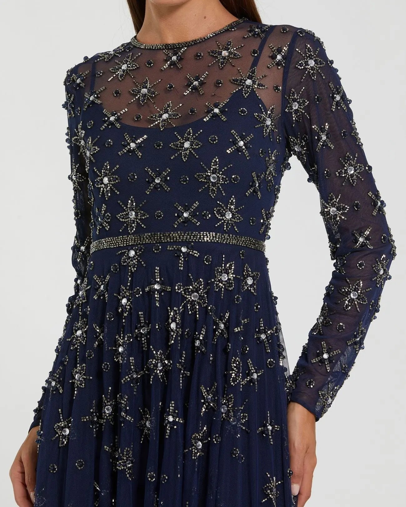 Navy Long Sleeve Crystal Embellished Evening Gown - Mac Duggal