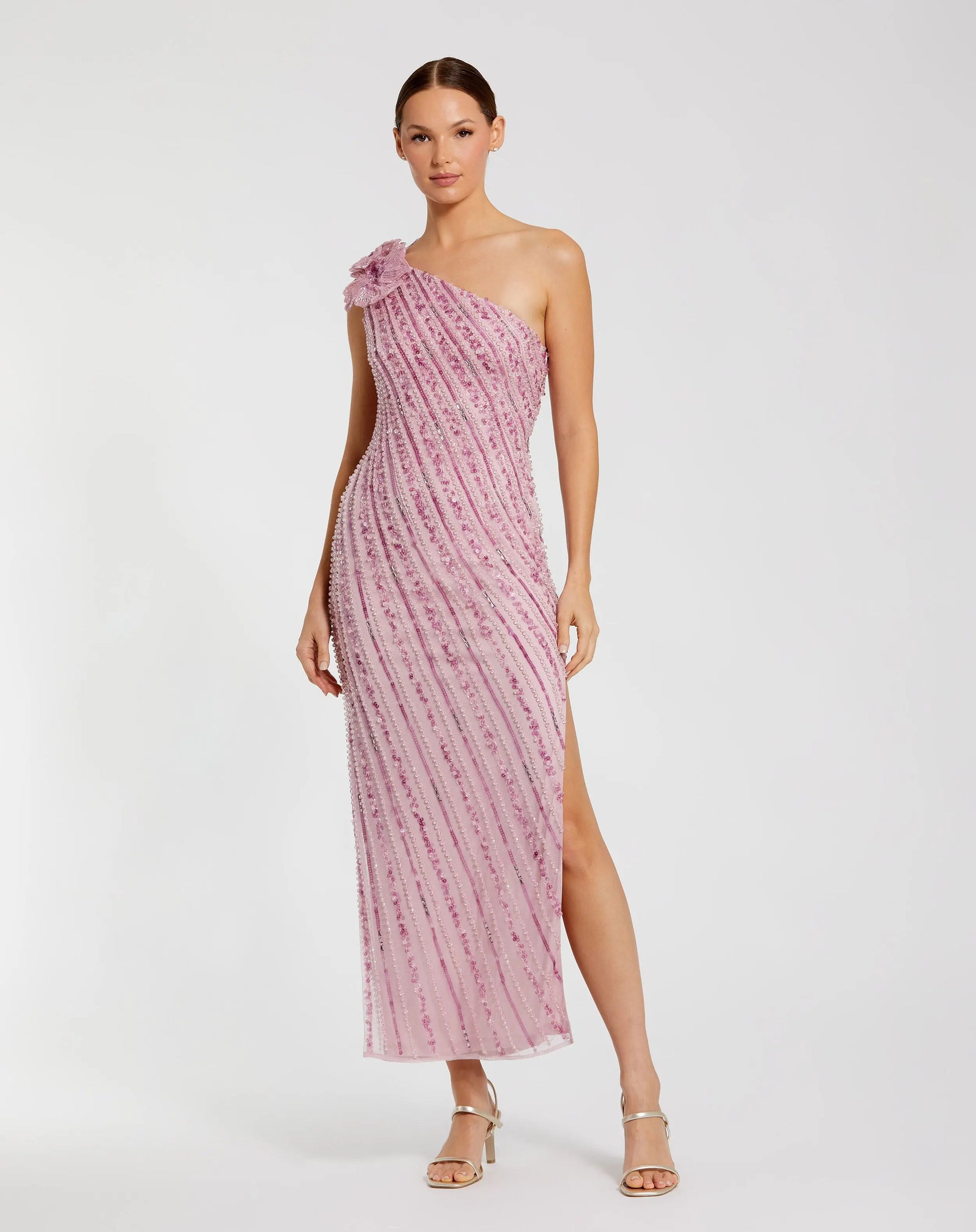 Pink One Shoulder Beaded Mesh Dress With Flower | Mac Duggal Pink One Shoulder Beaded Mesh Dress With Flower | Mac Duggal