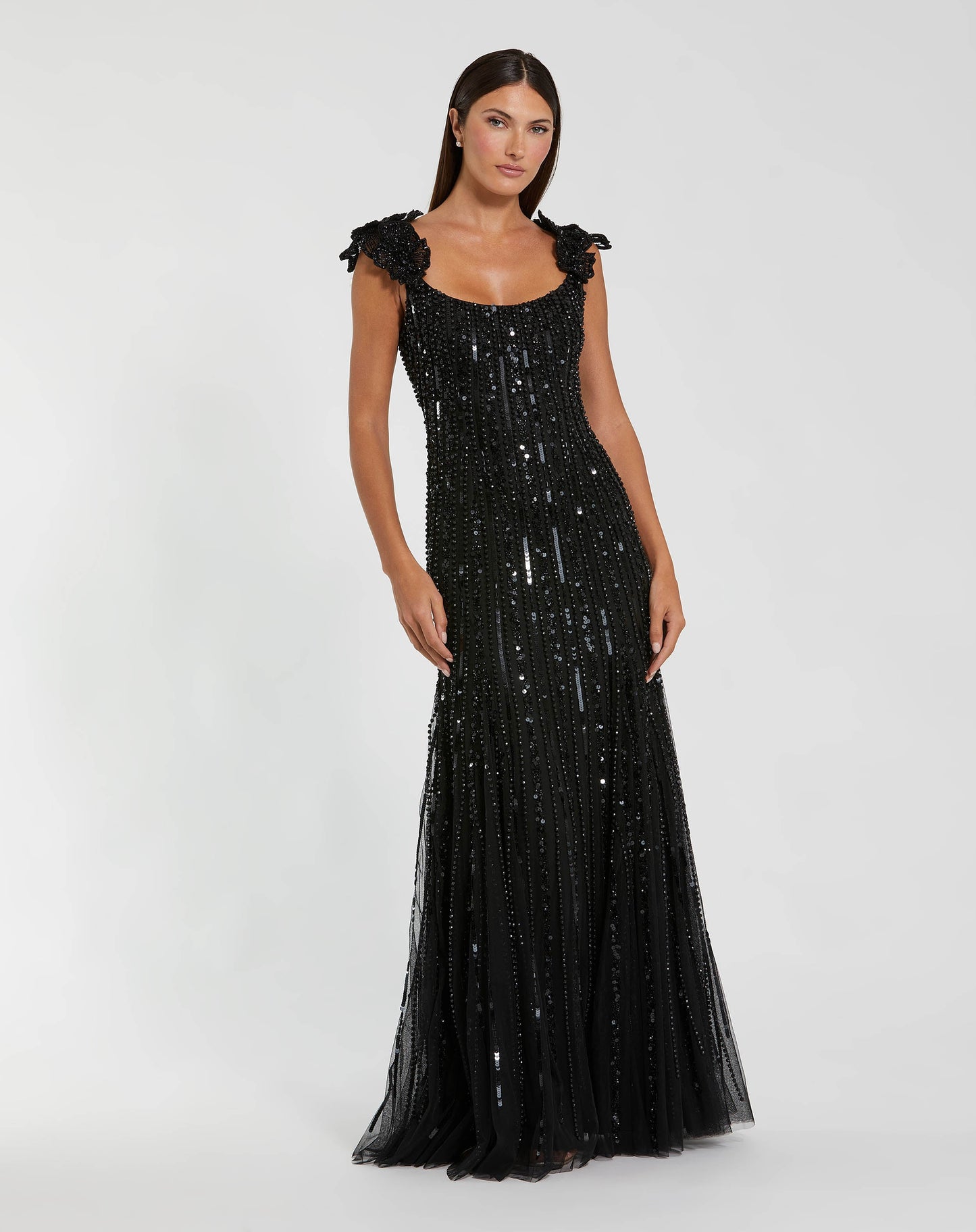 Black Embellished Sleeveless Gown With Floral Shoulder Detail - Mac Duggal