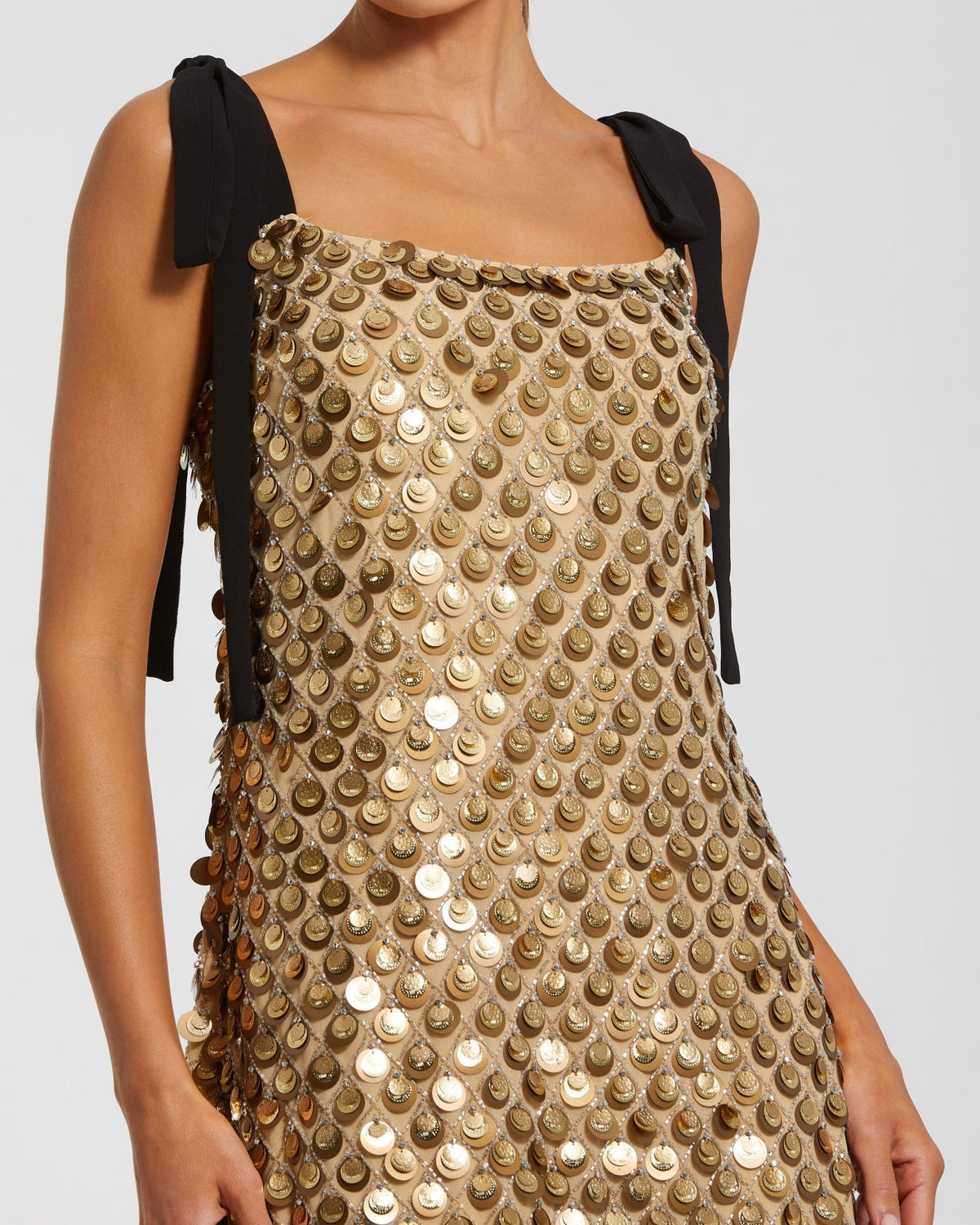 Gold Bow Strap Sequin Mini Dress Mac Duggal