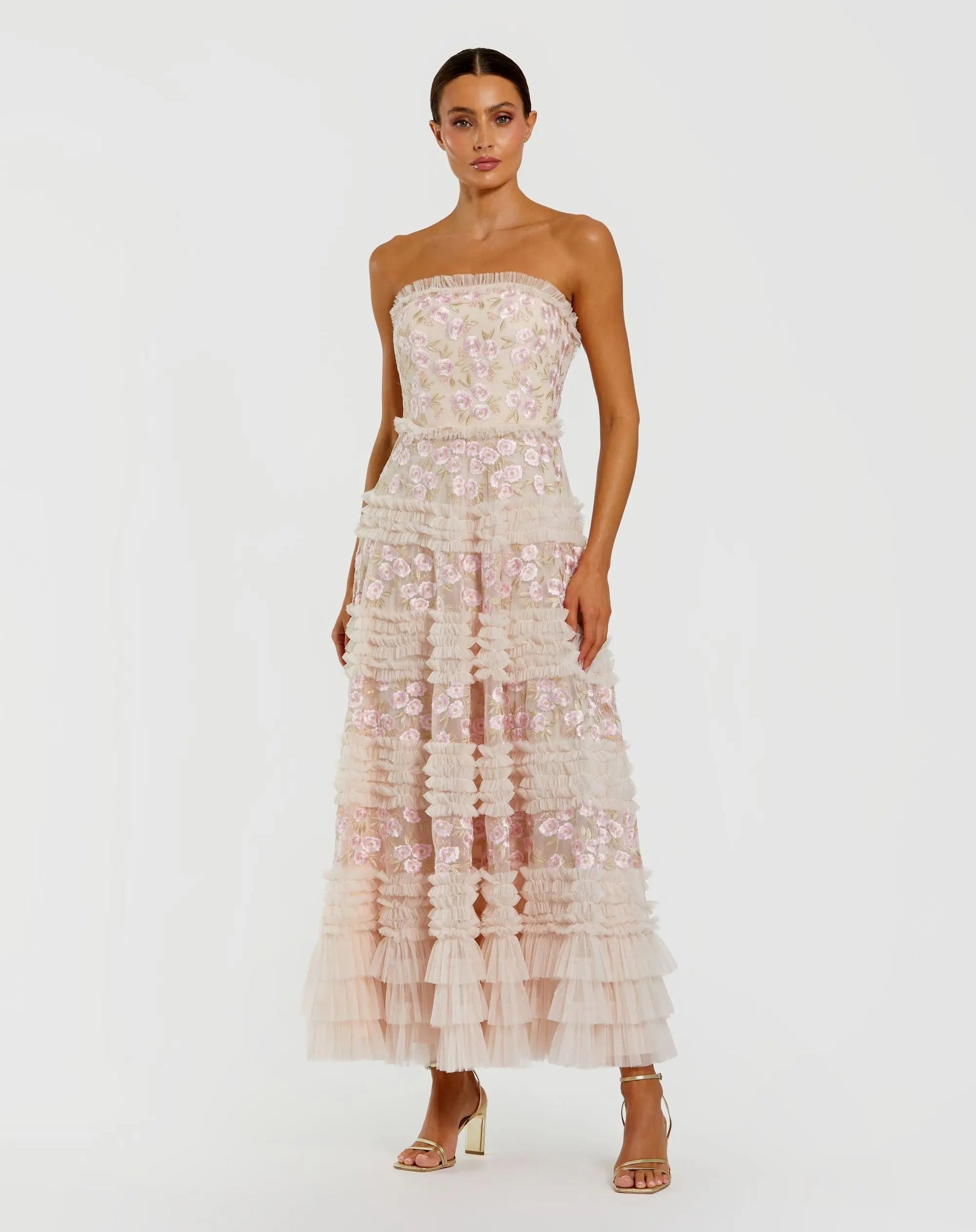 Pink Floral Embroidered Strapless Ruffle Maxi Dress | Mac Duggal Pink Floral Embroidered Strapless Ruffle Maxi Dress | Mac Duggal