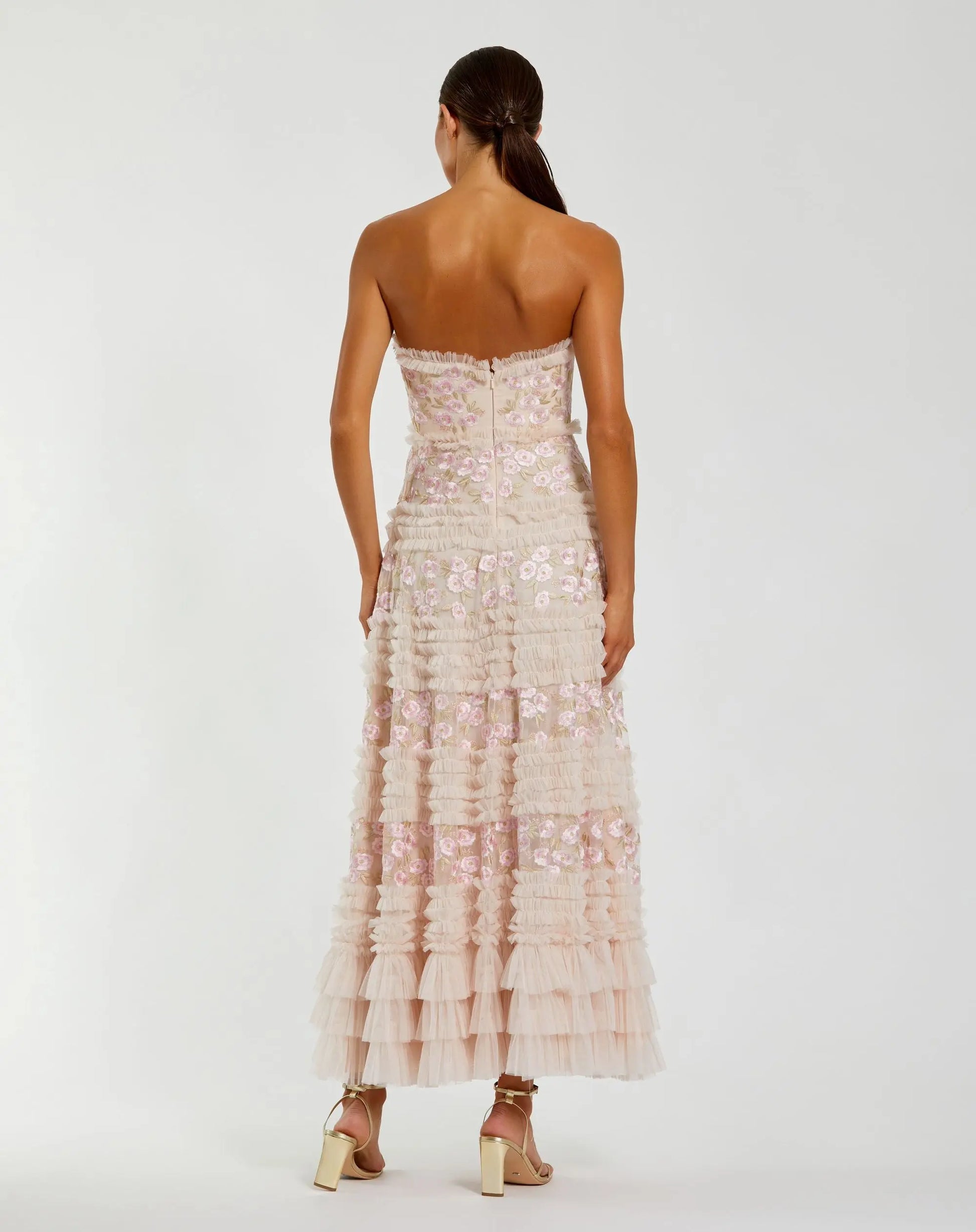 Mac Duggal Women's Floral Embroidered Strapless Ruffle Midi Dress - Pink - Size 4 - Blush Multi Mac Duggal Women's Floral Embroidered Strapless Ruffle Midi Dress - Pink - Size 4 - Blush Multi