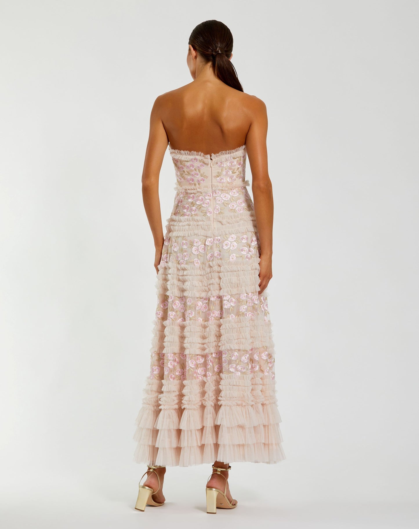 Pink Floral Embroidered Strapless Ruffle Midi Dress - Mac Duggal