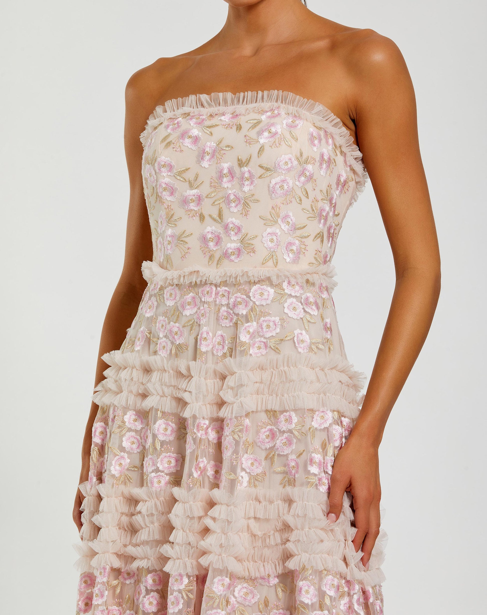 Pink Floral Embroidered Strapless Ruffle Midi Dress - Mac Duggal
