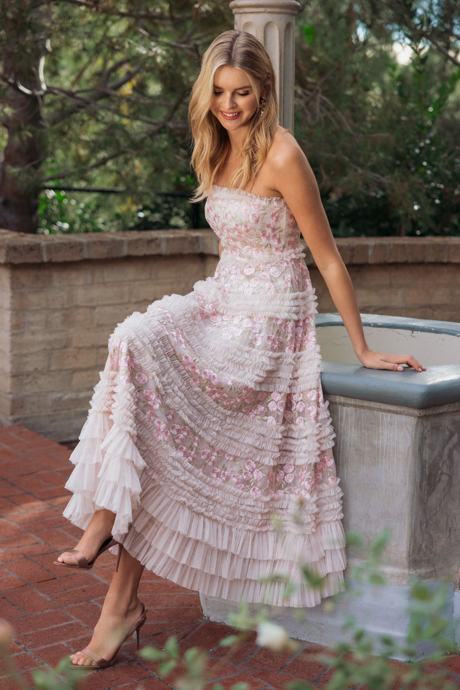 Pink Floral Embroidered Strapless Ruffle Midi Dress - Mac Duggal