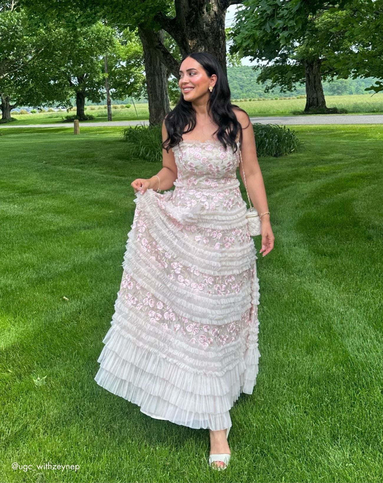 Pink Floral Embroidered Strapless Ruffle Maxi Dress