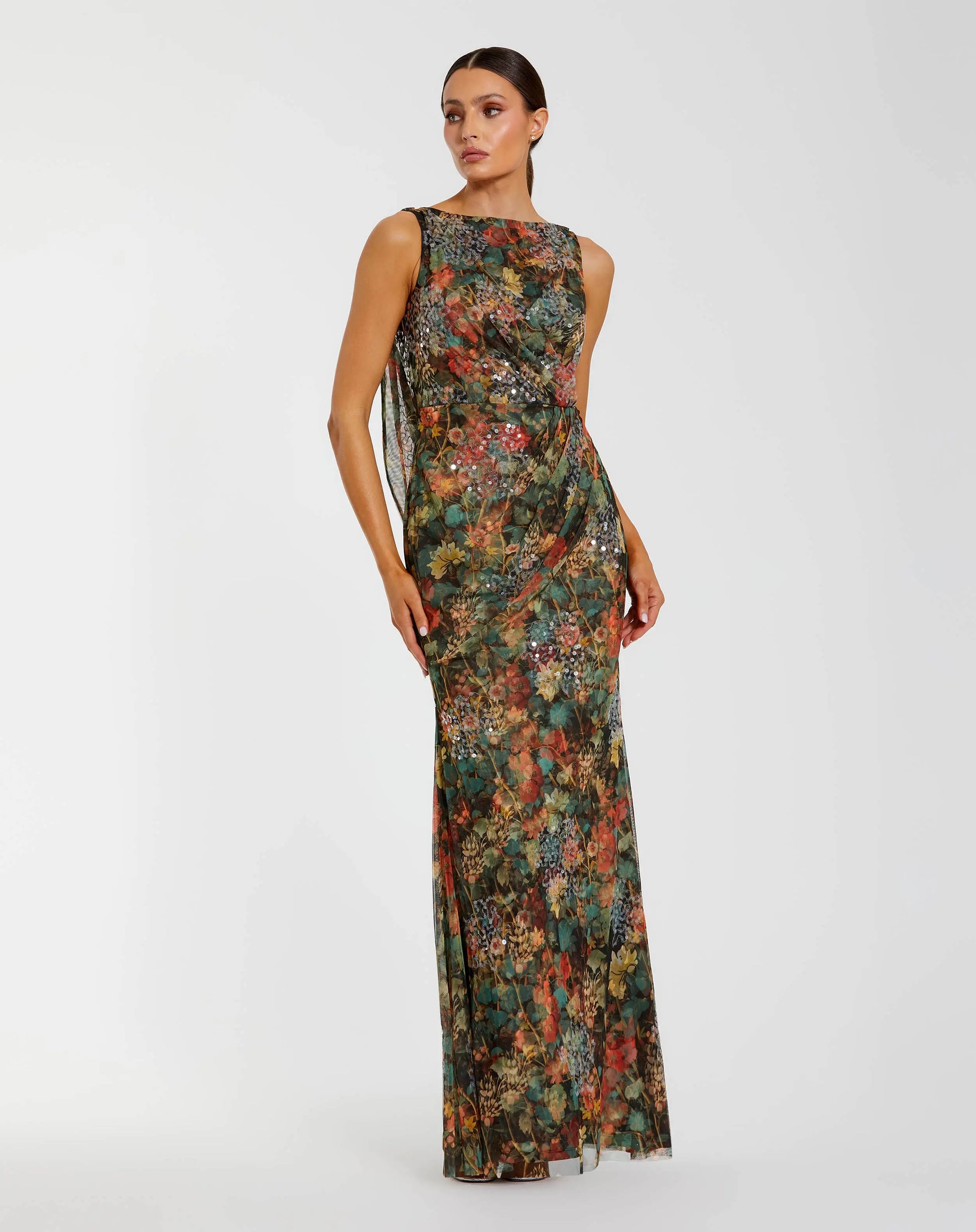 Multicolor Floral Embellished Column Gown with Cowl Back - Mac Duggal