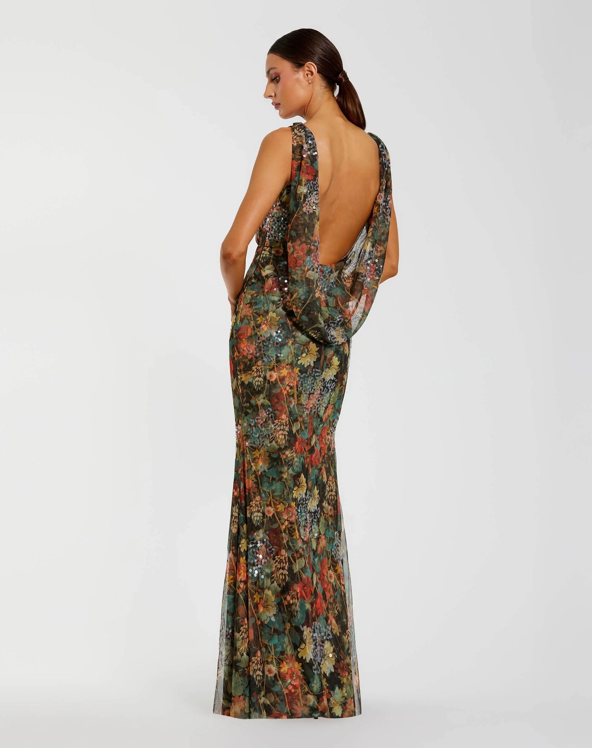 Multicolor Floral Embellished Column Gown with Cowl Back - Mac Duggal