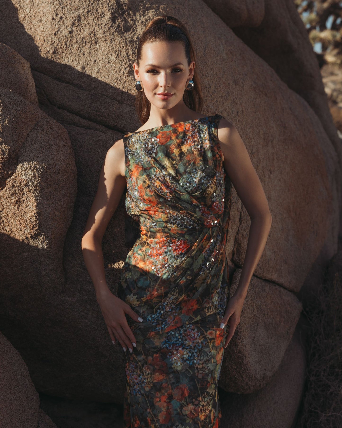 Multicolor Floral Embellished Column Gown with Cowl Back - Mac Duggal