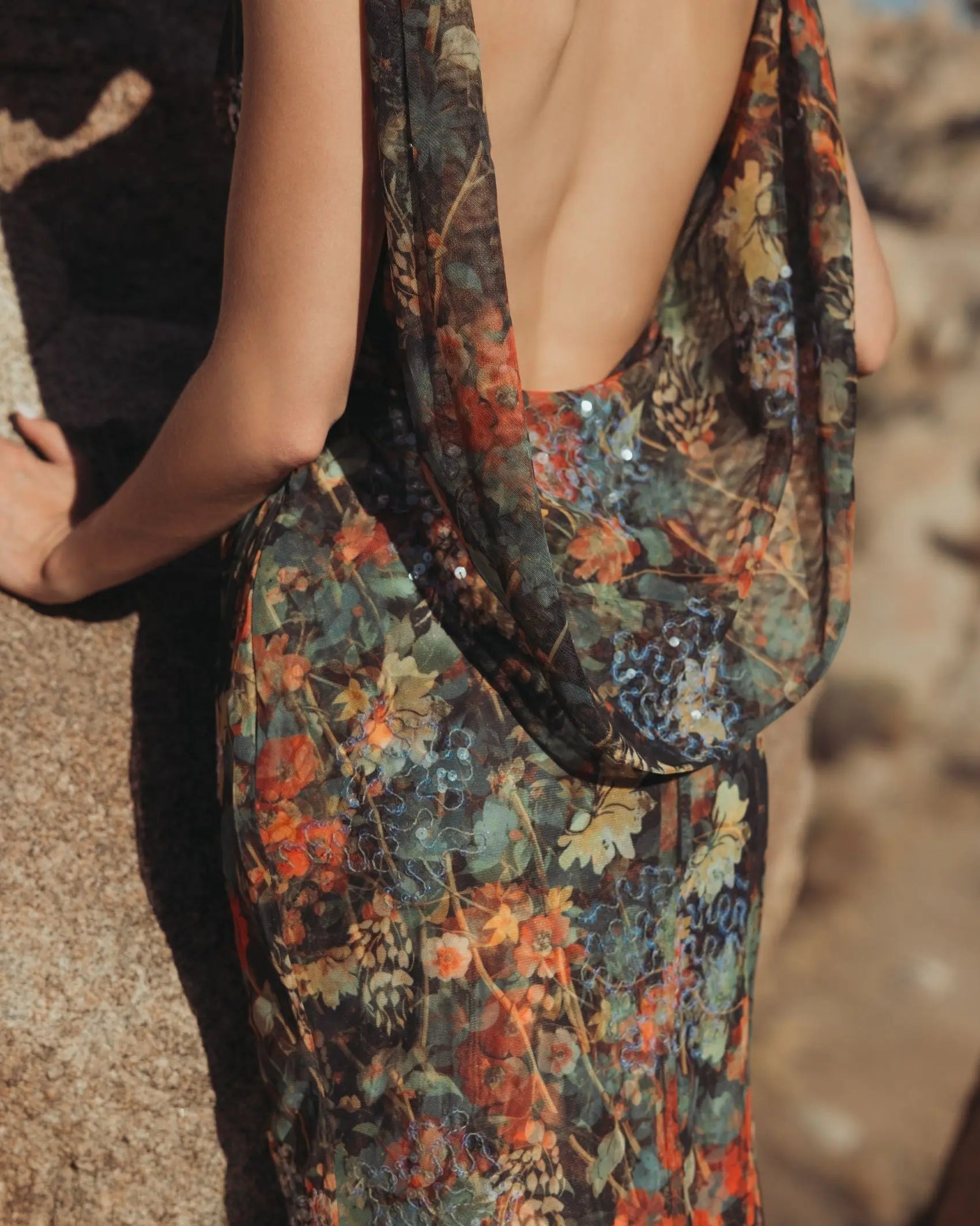 Multicolor Floral Embellished Column Gown with Cowl Back - Mac Duggal