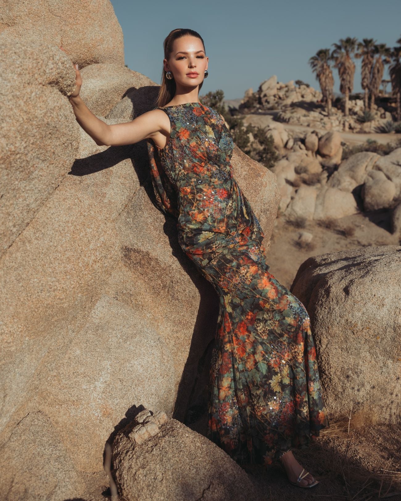 Multicolor Floral Embellished Column Gown with Cowl Back - Mac Duggal