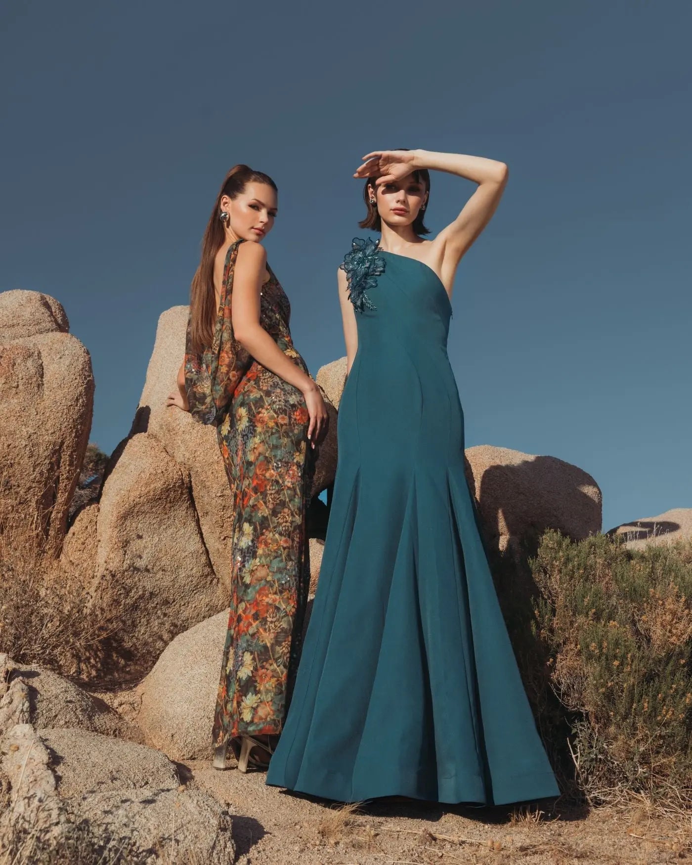 Blue Crepe One Shoulder Evening Gown With 3D Flower Details - Mac Duggal