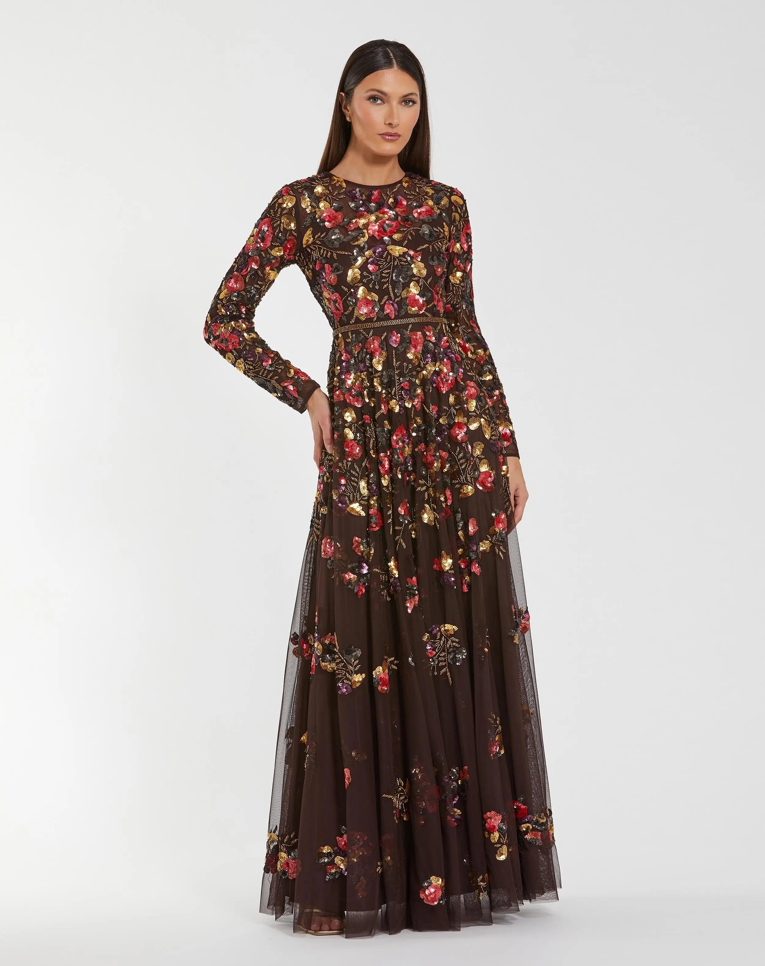 Brown Long Sleeve Floral Embellished Evening Gown - Mac Duggal