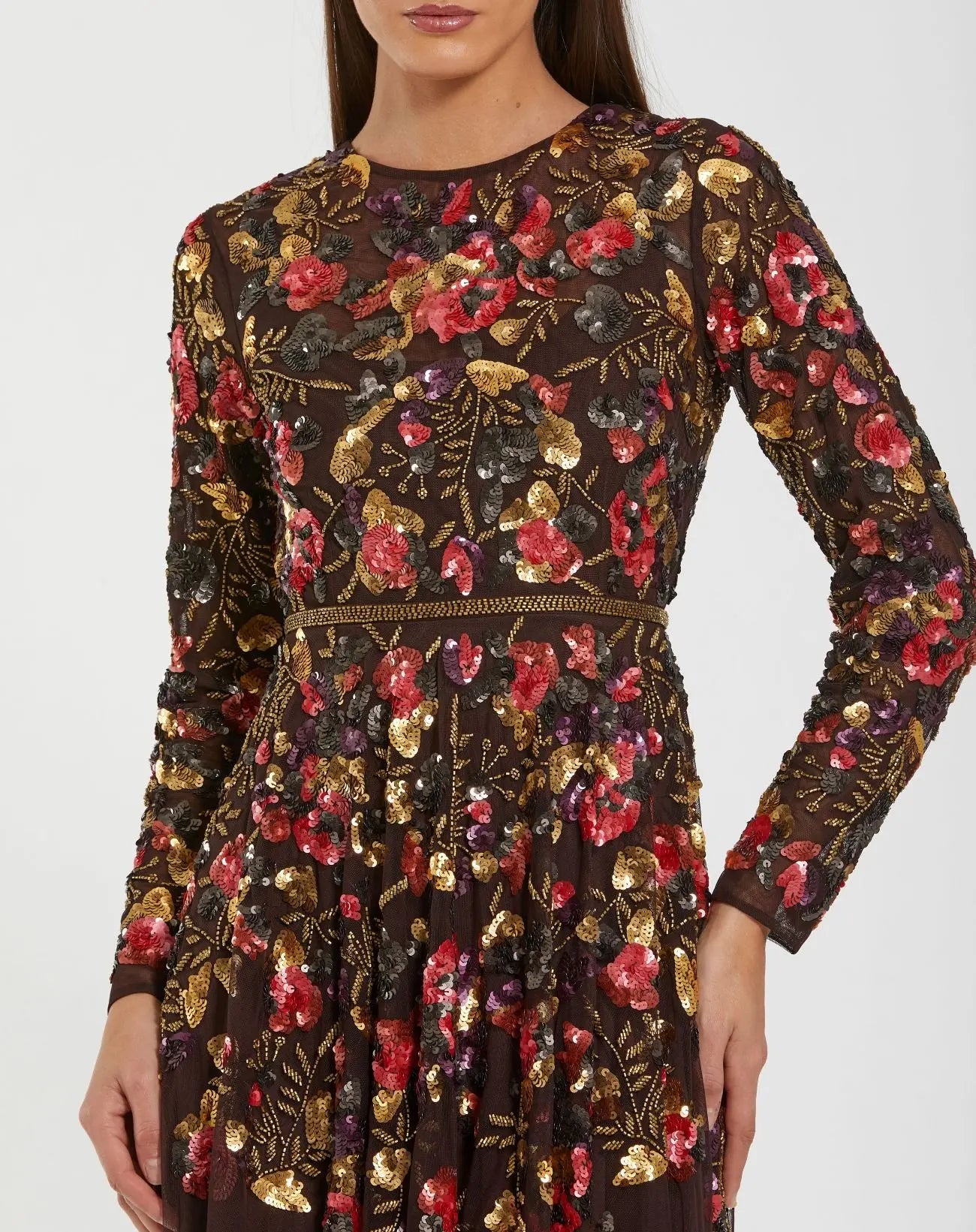 Brown Long Sleeve Floral Embellished Evening Gown Mac Duggal