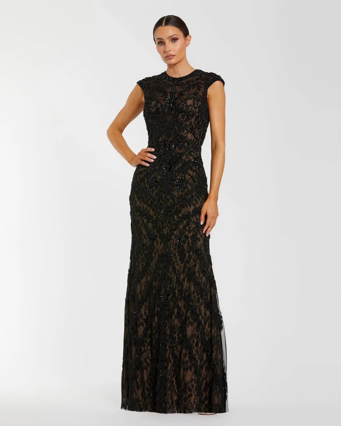 Black Embellished Lace Cap Sleeve Column Evening Gown - Mac Duggal