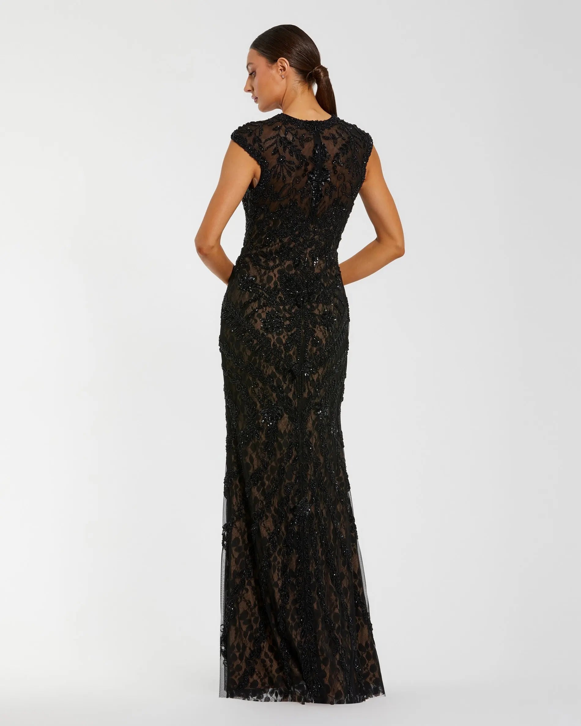 Black Embellished Lace Cap Sleeve Column Evening Gown - Mac Duggal