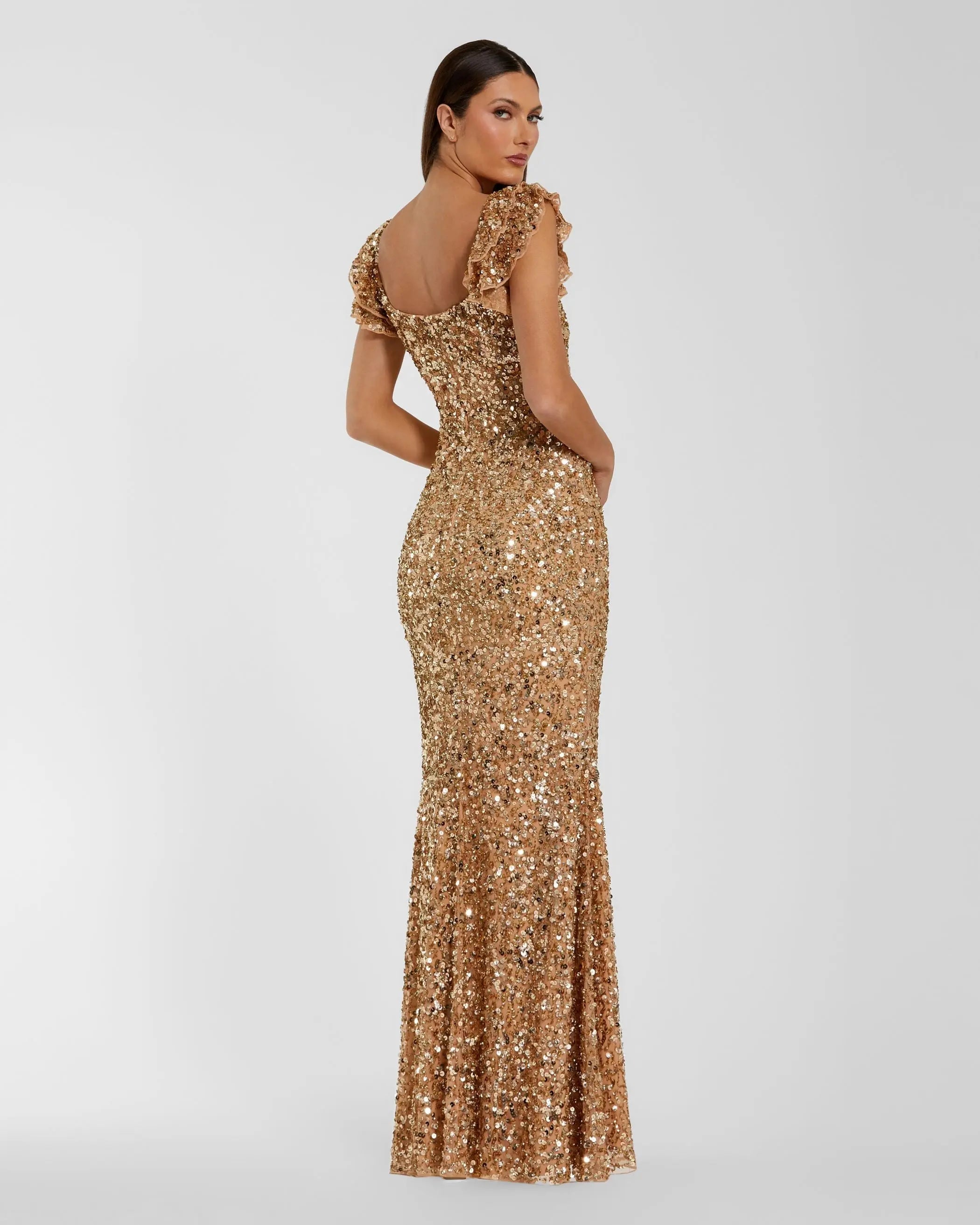 Gold Sequin Flutter Sleeve Trumpet Gown Mac Duggal