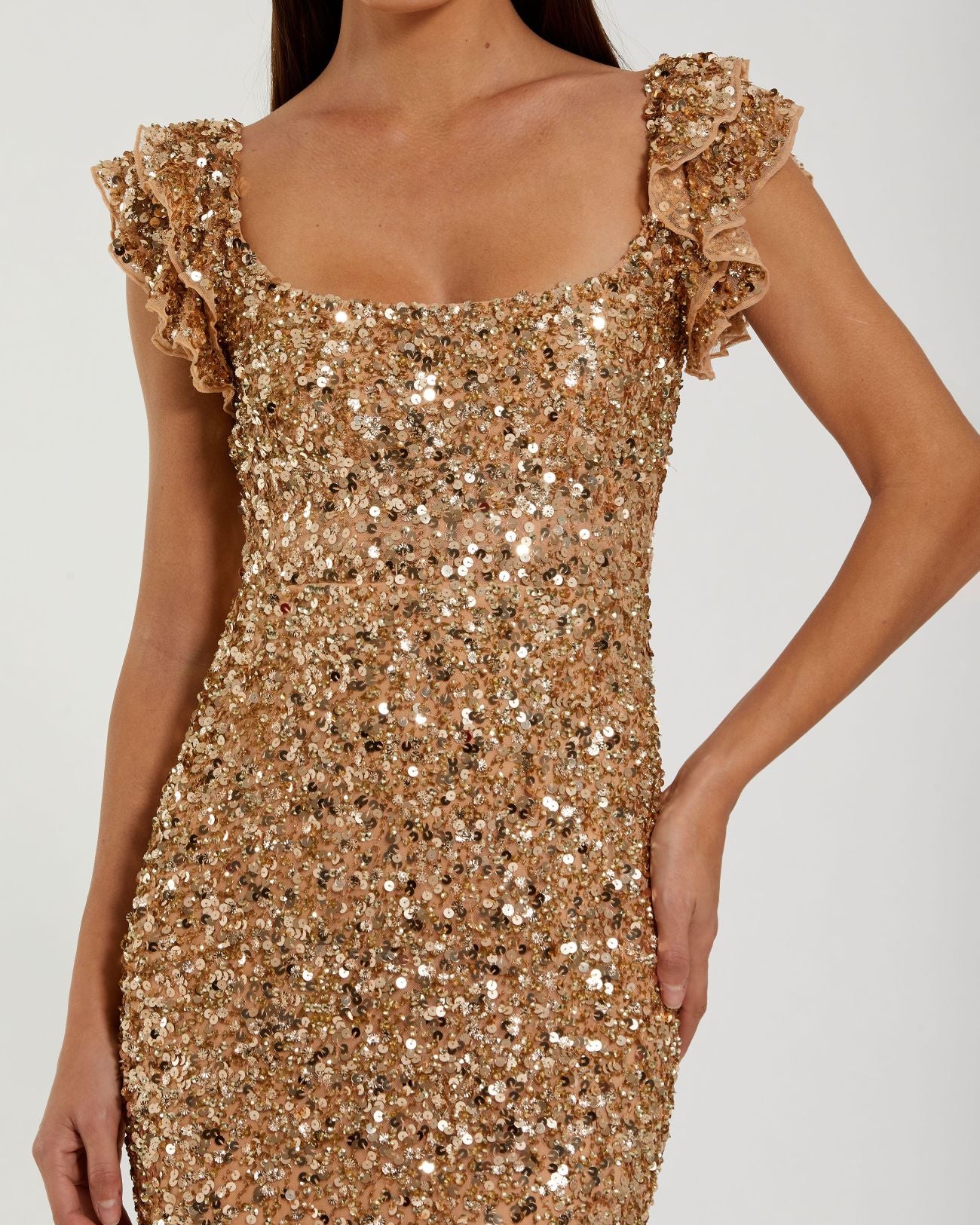 Gold Sequin Flutter Sleeve Trumpet Gown Mac Duggal