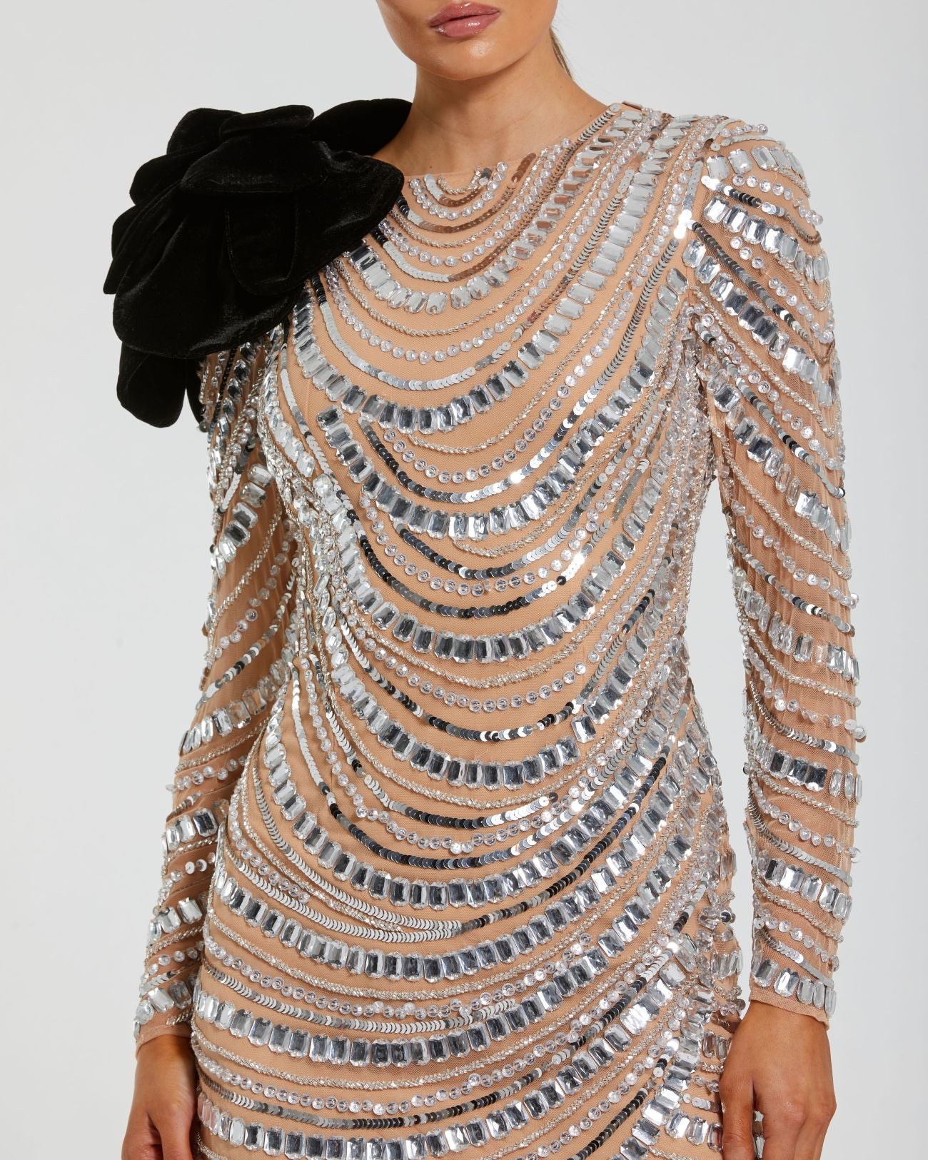 Silver Long Sleeve Embellished Mini Dress with Velvet Flower Mac Duggal