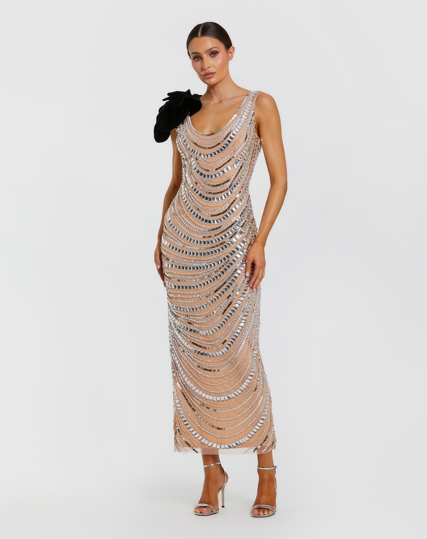Beige and Silver Mesh Beaded 3D Flower Cowl Back Midi Dress - Mac Duggal