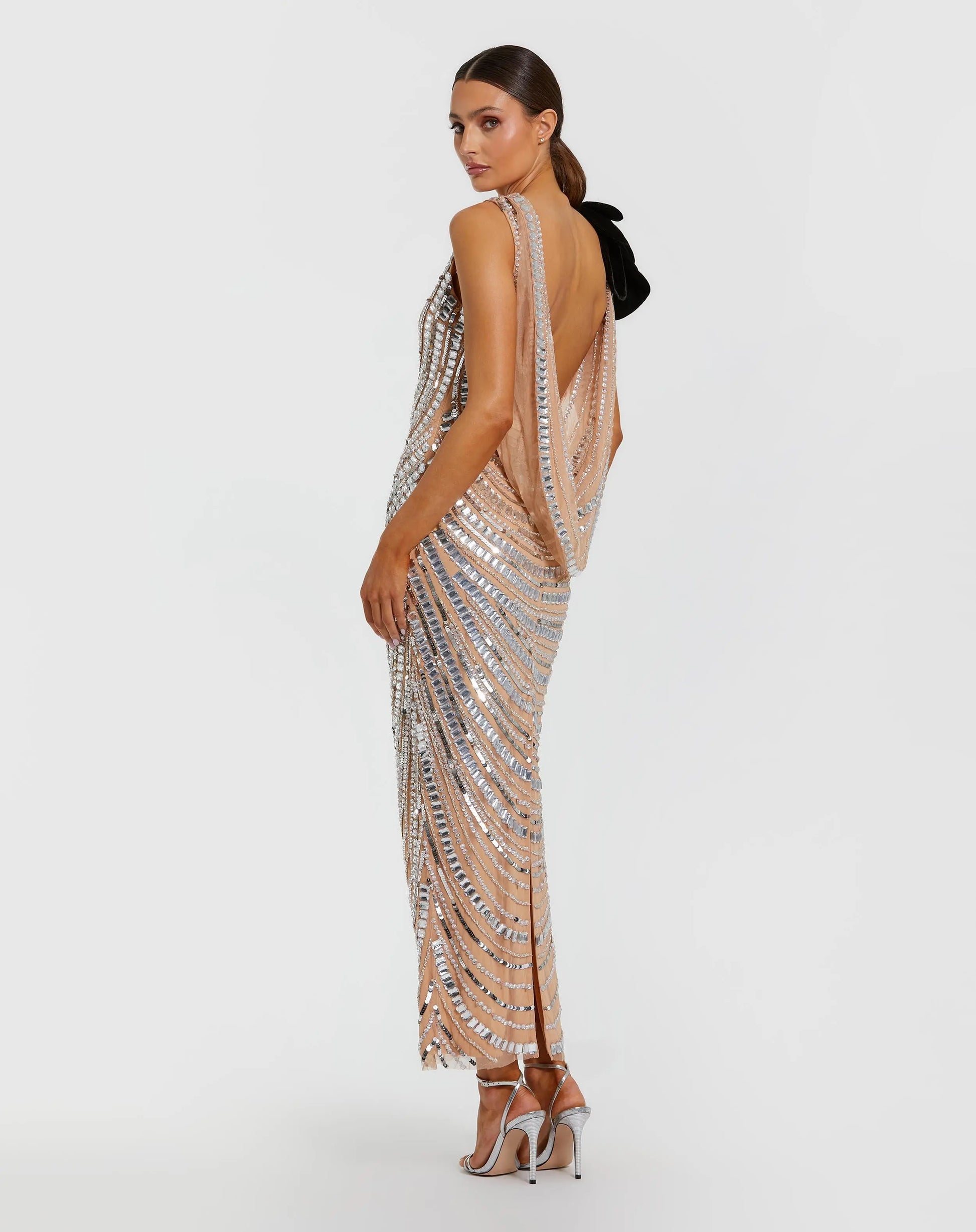 Silver Nude Sequin Cowl Midi Dress with Velvet Flower | Mac Duggal Silver Nude Sequin Cowl Midi Dress with Velvet Flower | Mac Duggal