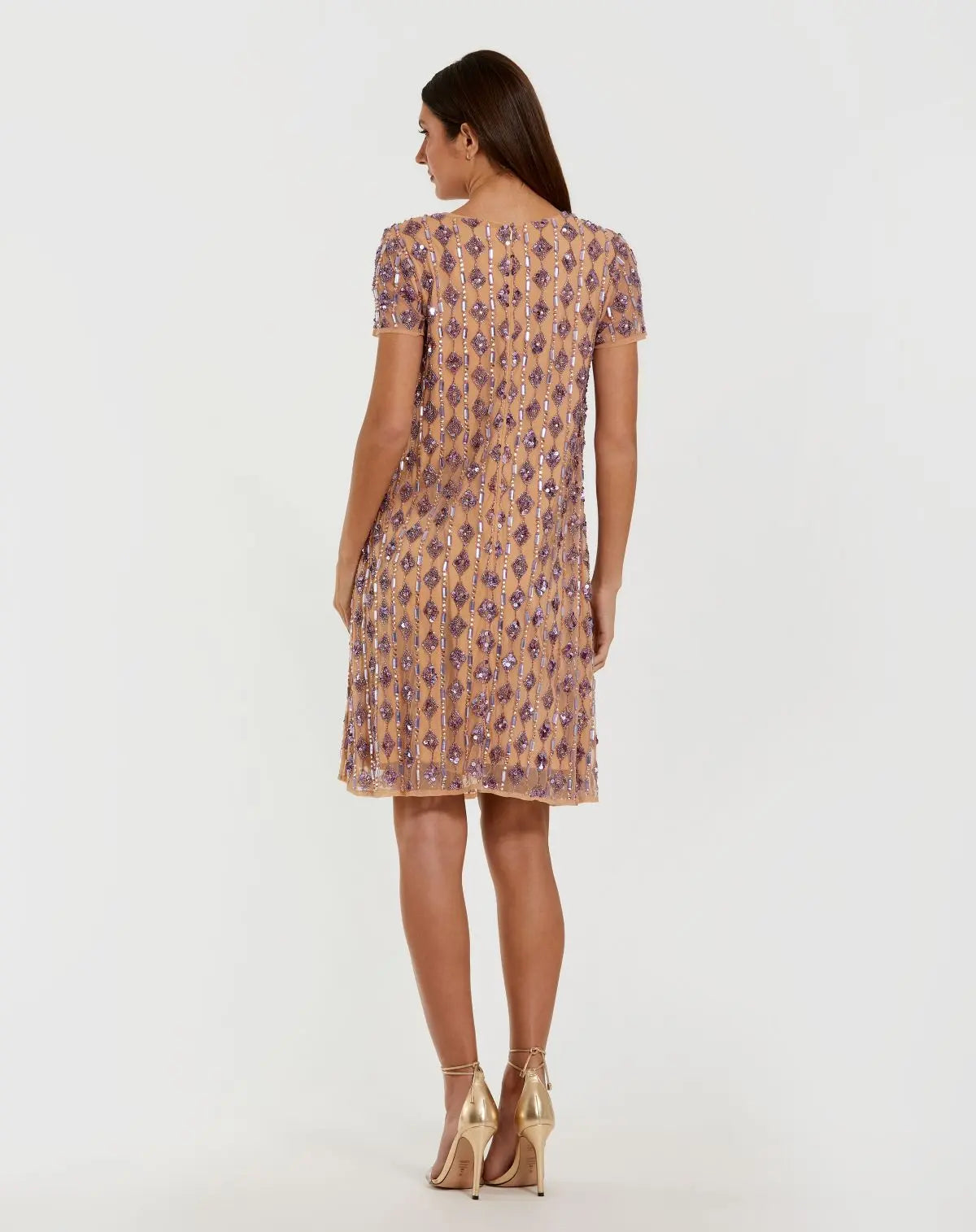 Beige and Purple Short Beaded Shift Dress - Mac Duggal