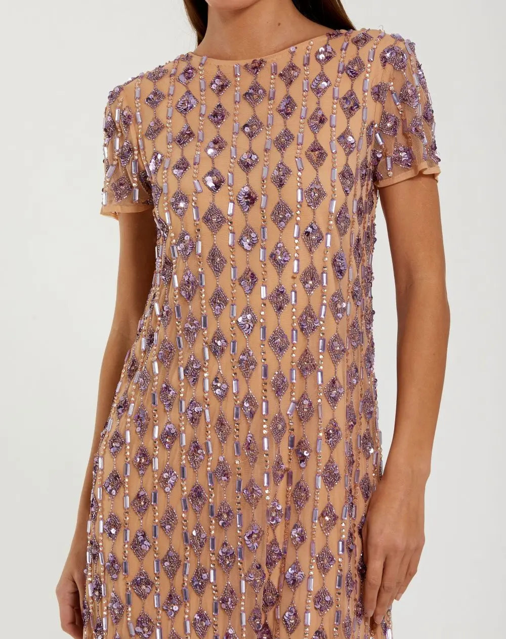 Mac Duggal Women's Mesh Beaded Cap Sleeve A Line Above Knee Dress - Nude Lilac