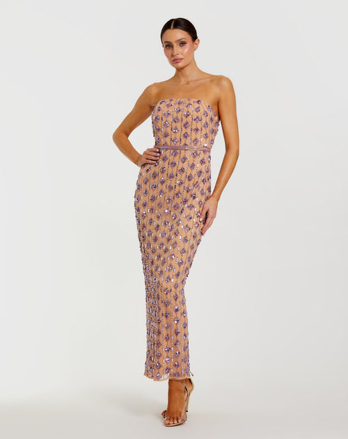 Beige and Purple Beaded Strapless Column Dress Mac Duggal