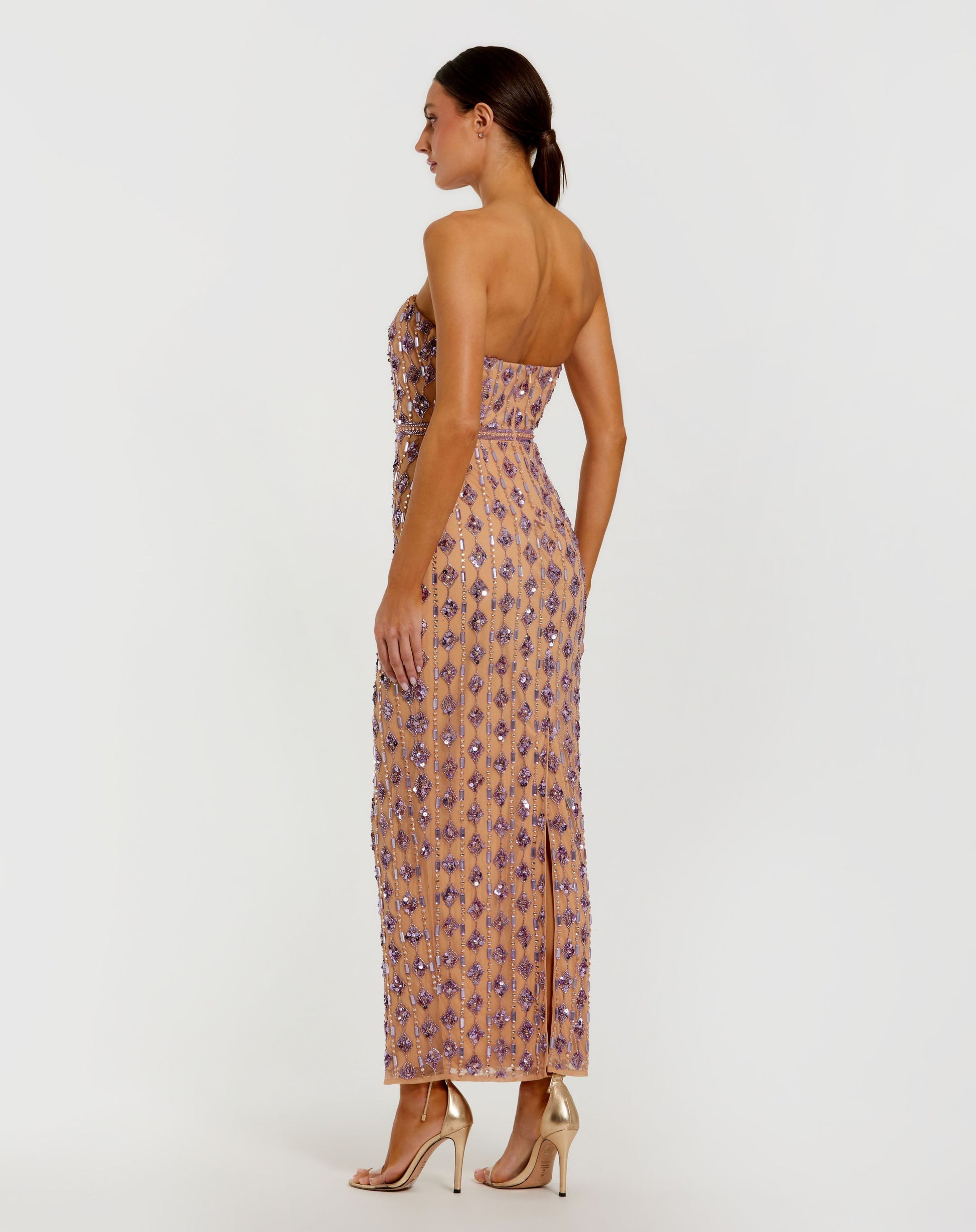 Beige and Purple Beaded Strapless Column Dress Mac Duggal Mac Duggal