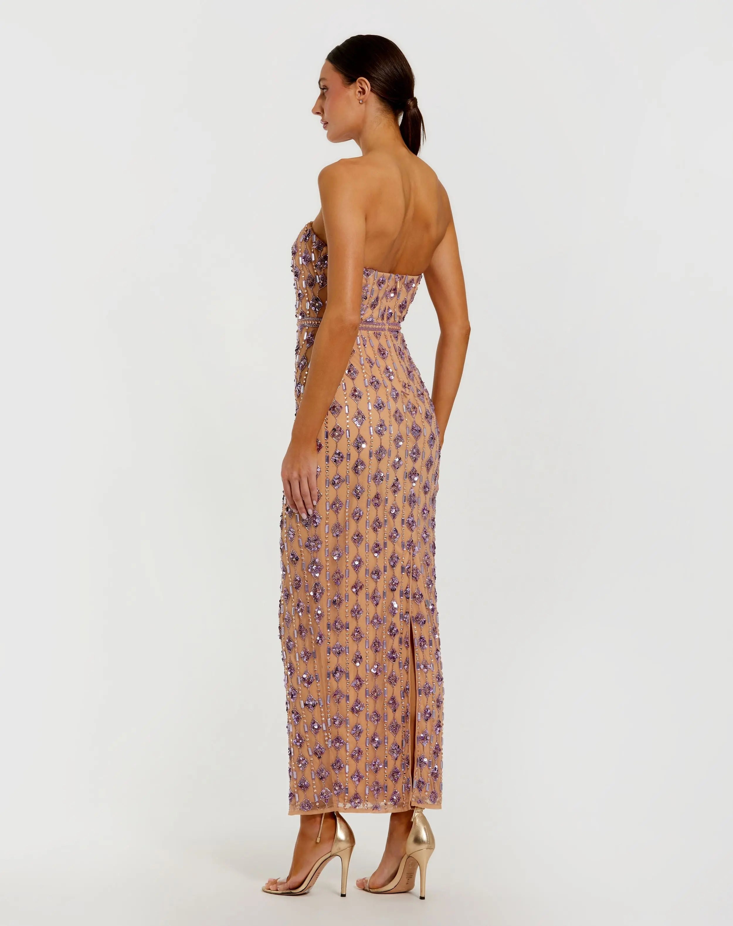 Beige and Purple Beaded Strapless Column Dress Mac Duggal