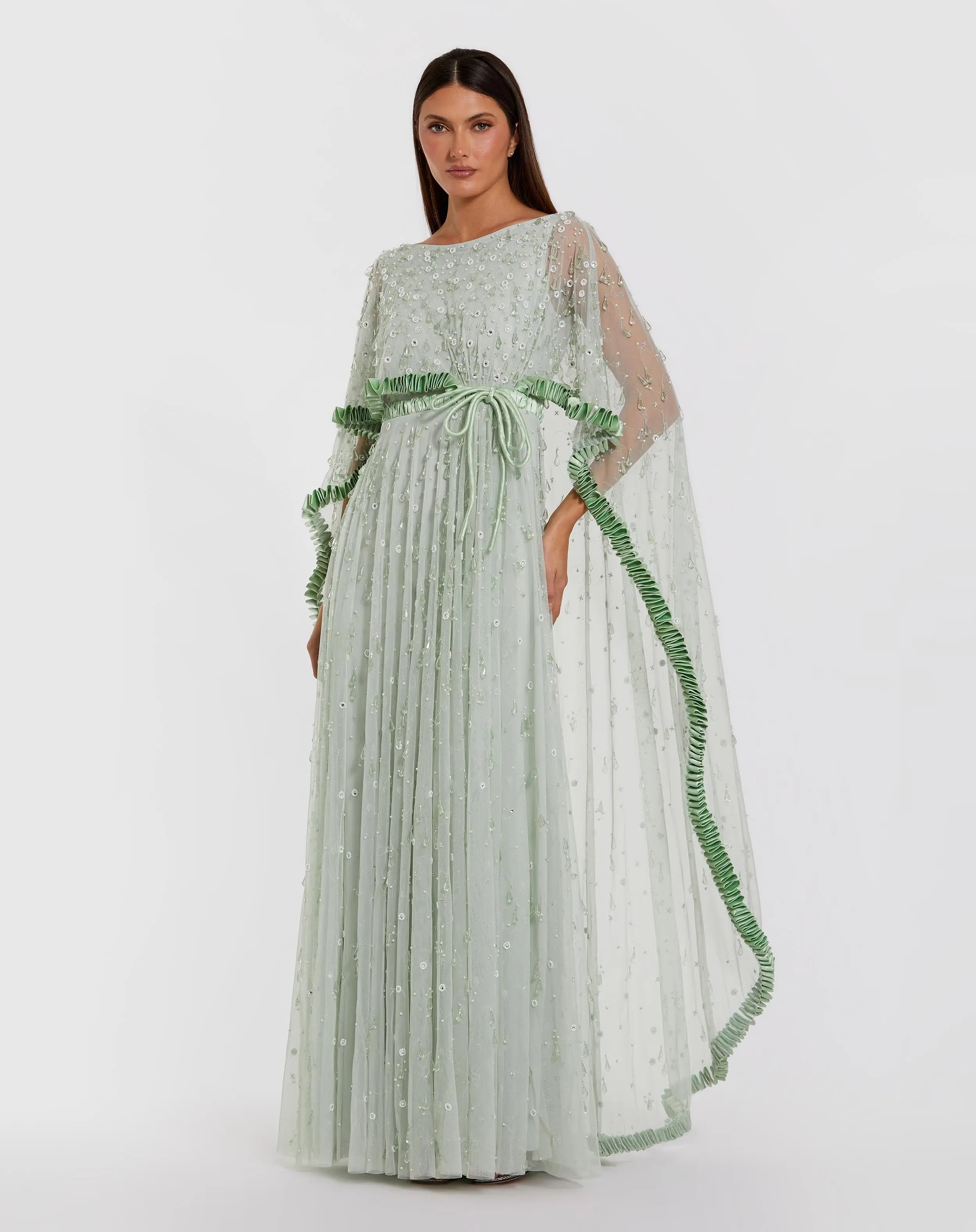 Sage Green Beaded Cape Sleeve Gown With Ruffle Trim | Mac Duggal