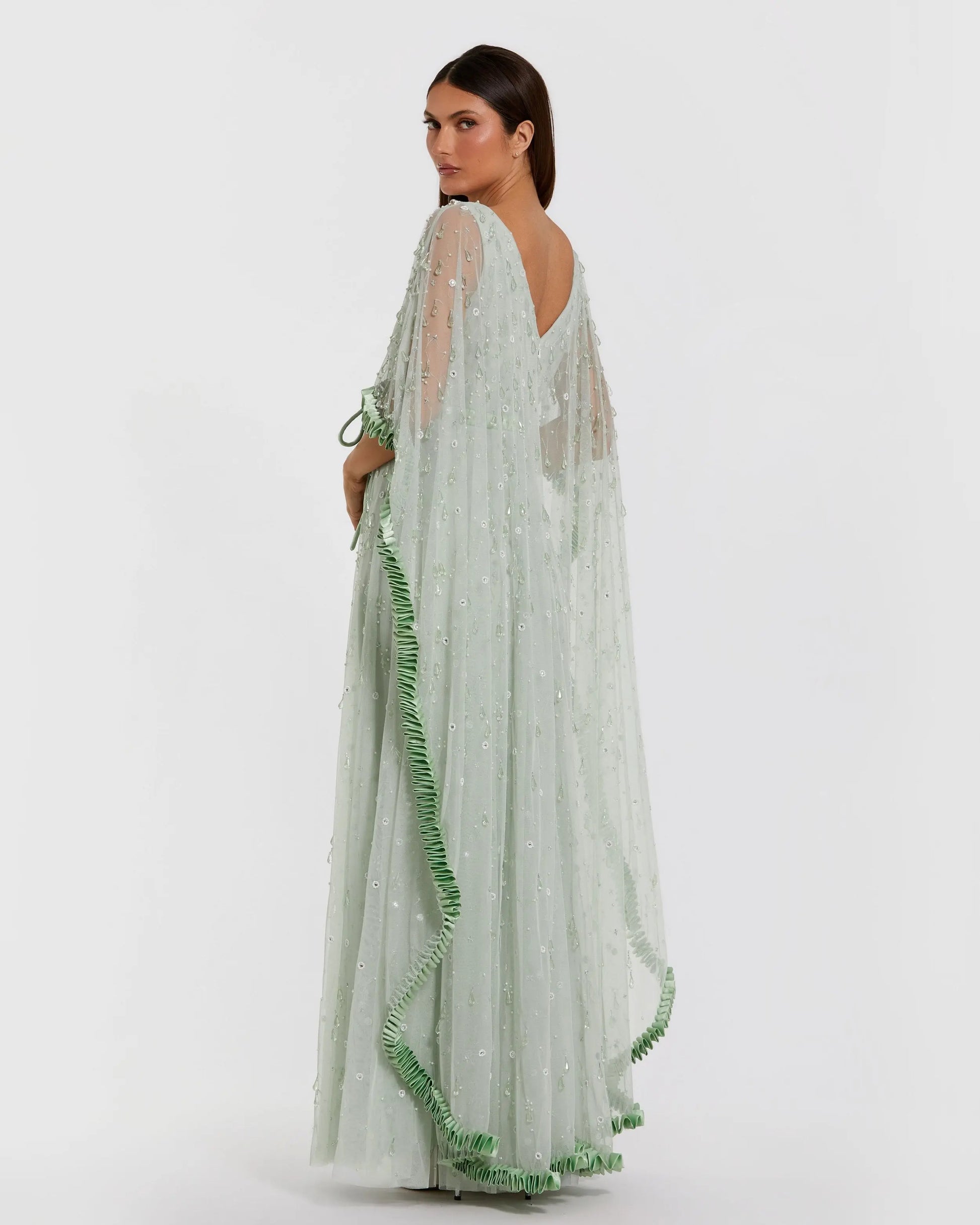 Mac Duggal Beaded Cape Sleeve Gown With Ruffle Trim - Jade Mac Duggal Beaded Cape Sleeve Gown With Ruffle Trim - Jade