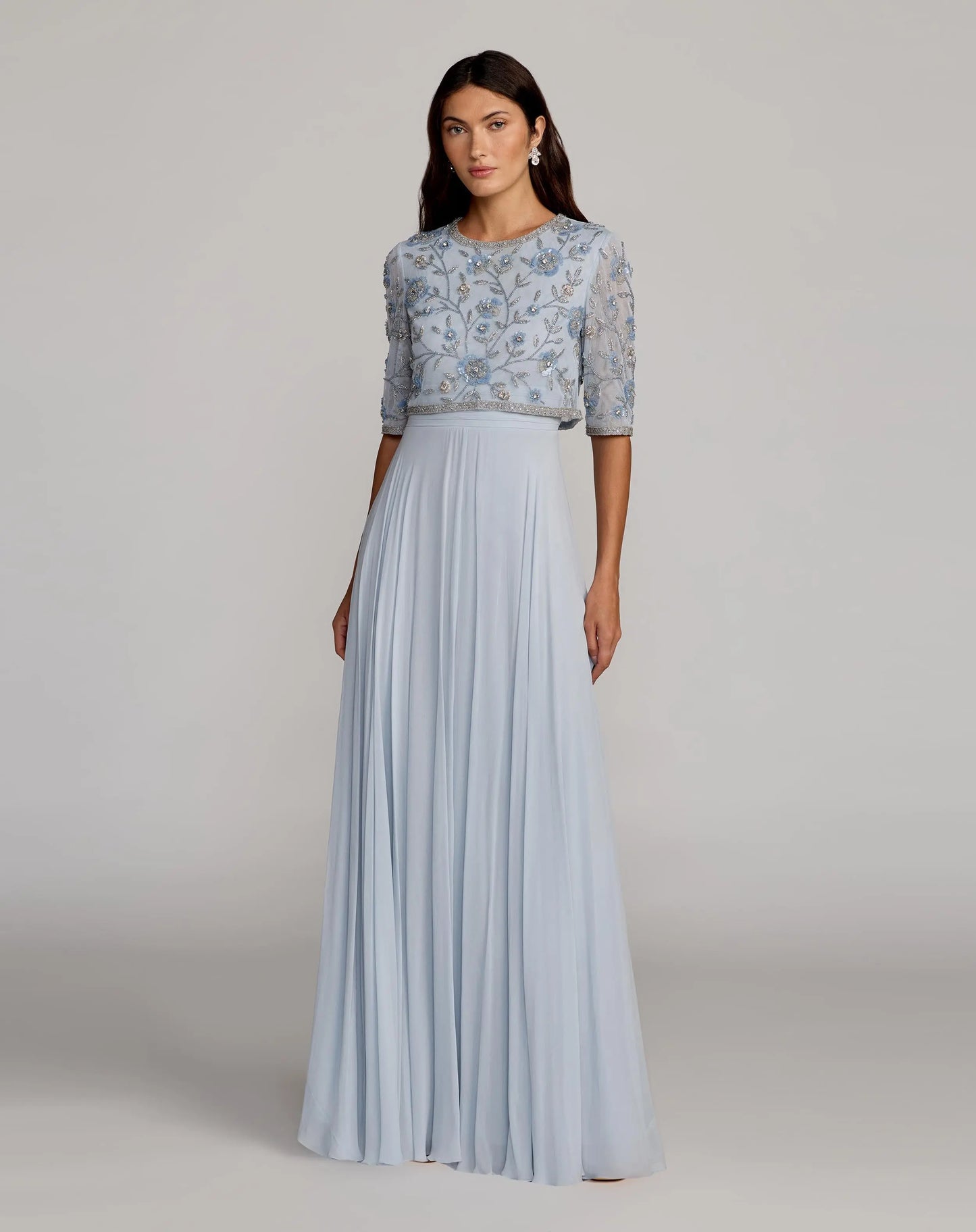 Blue High Neck Embellished Top With Chiffon Skirt Gown - Mac Duggal
