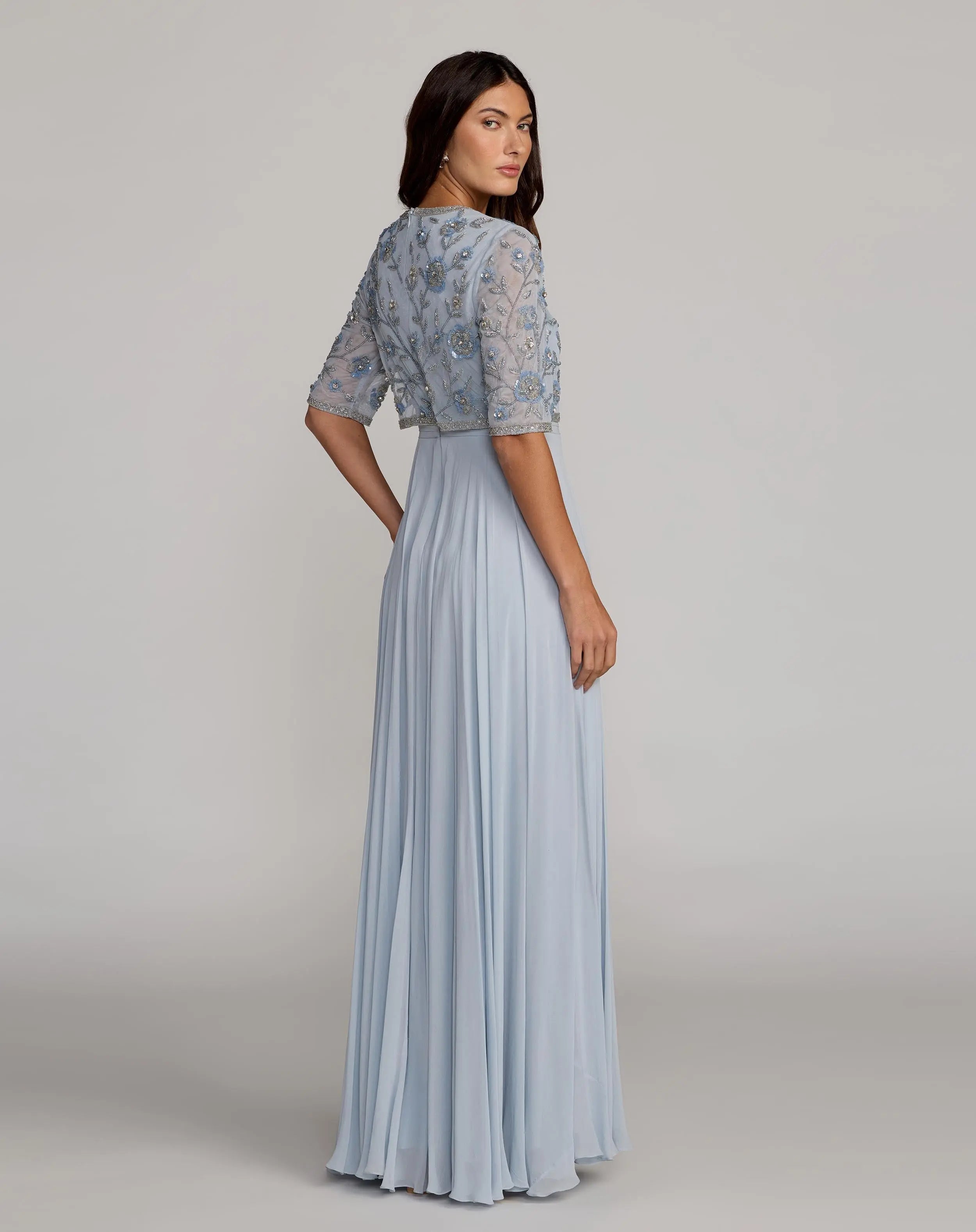 Blue High Neck Embellished Top With Chiffon Skirt Gown - Mac Duggal