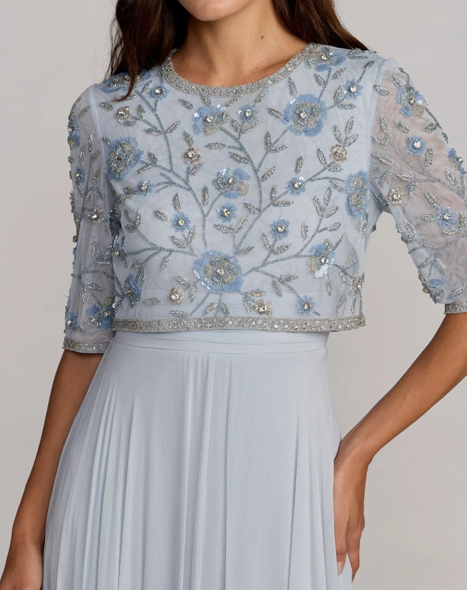 Blue High Neck Embellished Top With Chiffon Skirt Gown - Mac Duggal