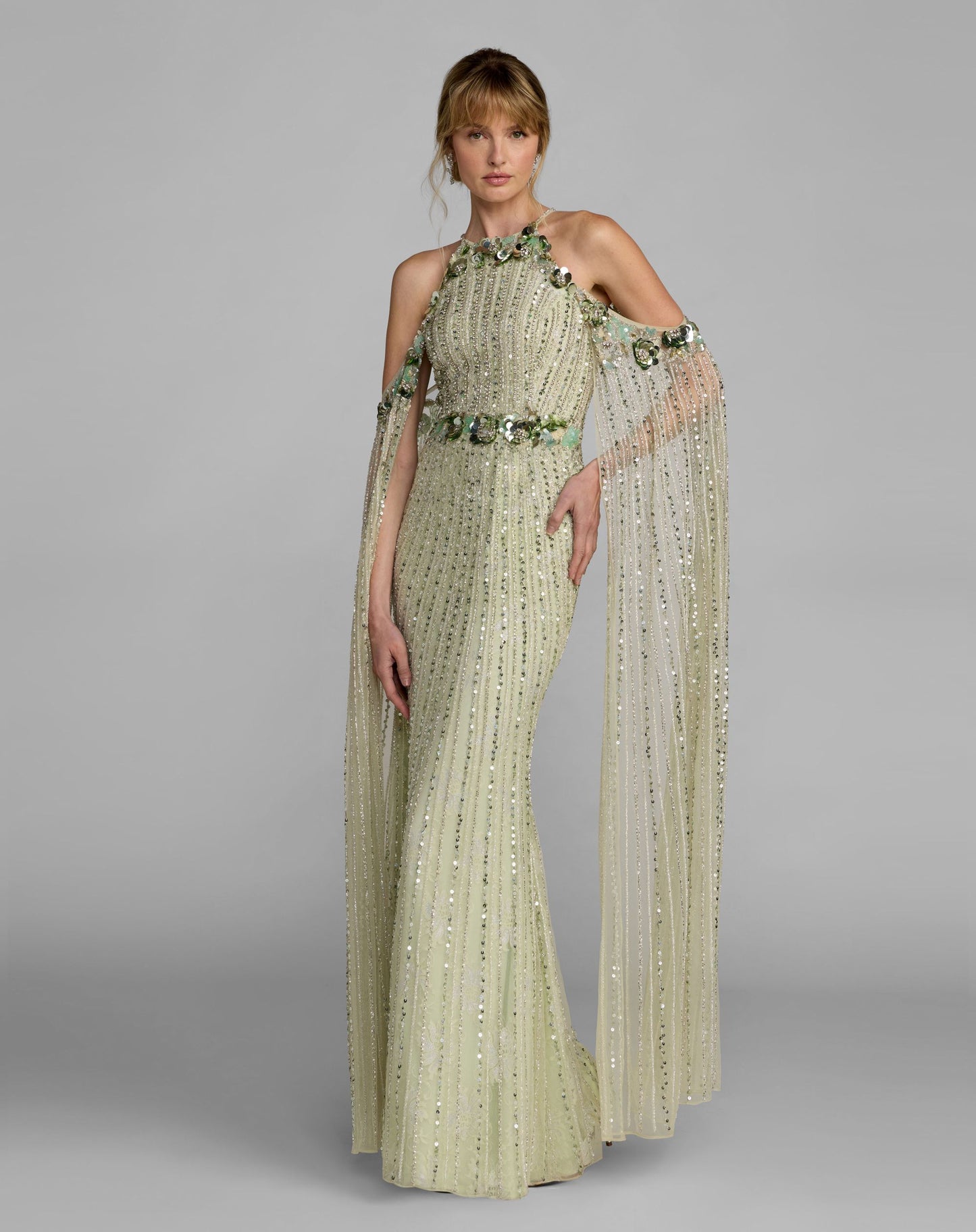 Green Embellished Column Gown With Cape Sleeves - Mac Duggal