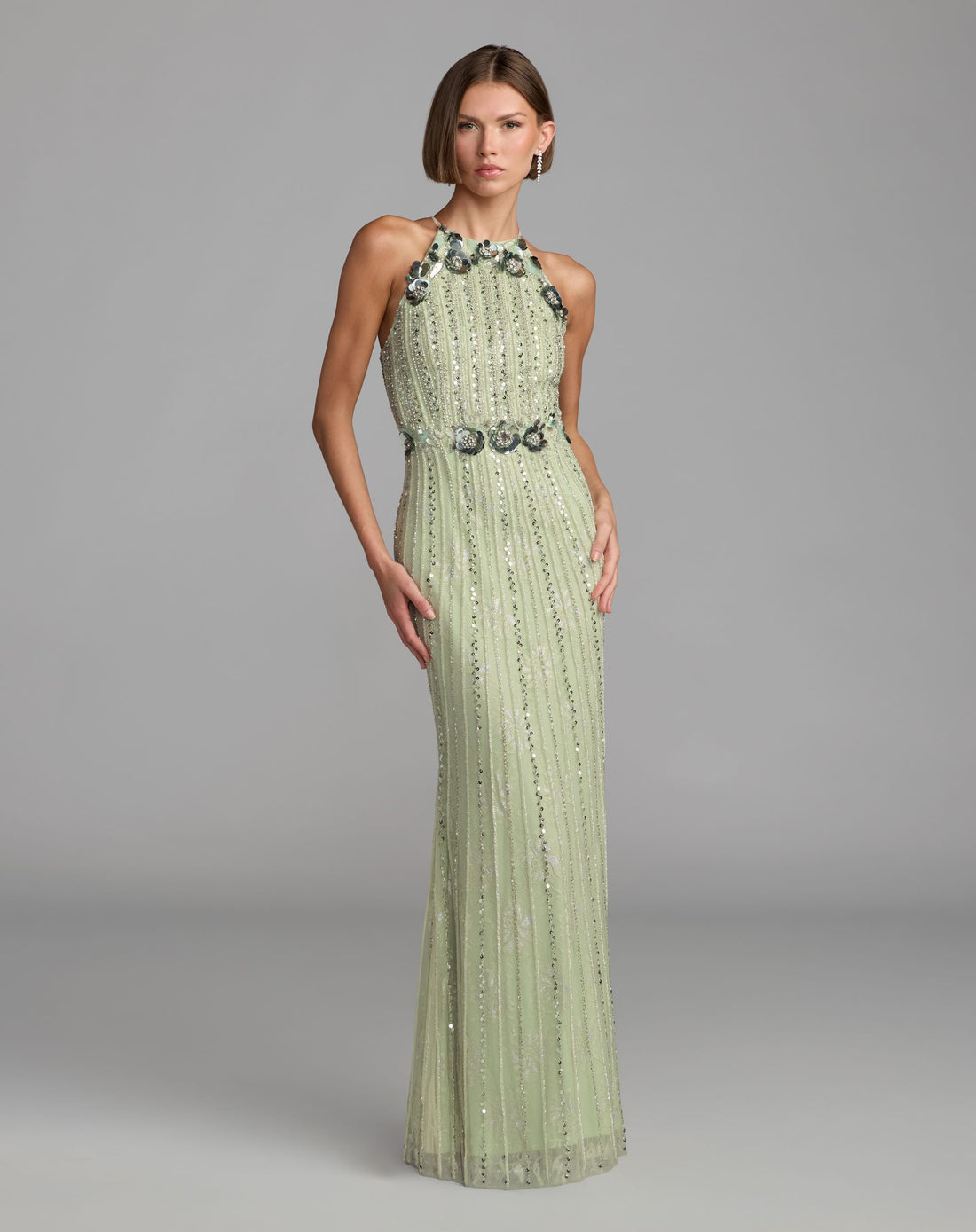 Green Sleeveless 3D Floral Embellished Column Gown - Mac Duggal