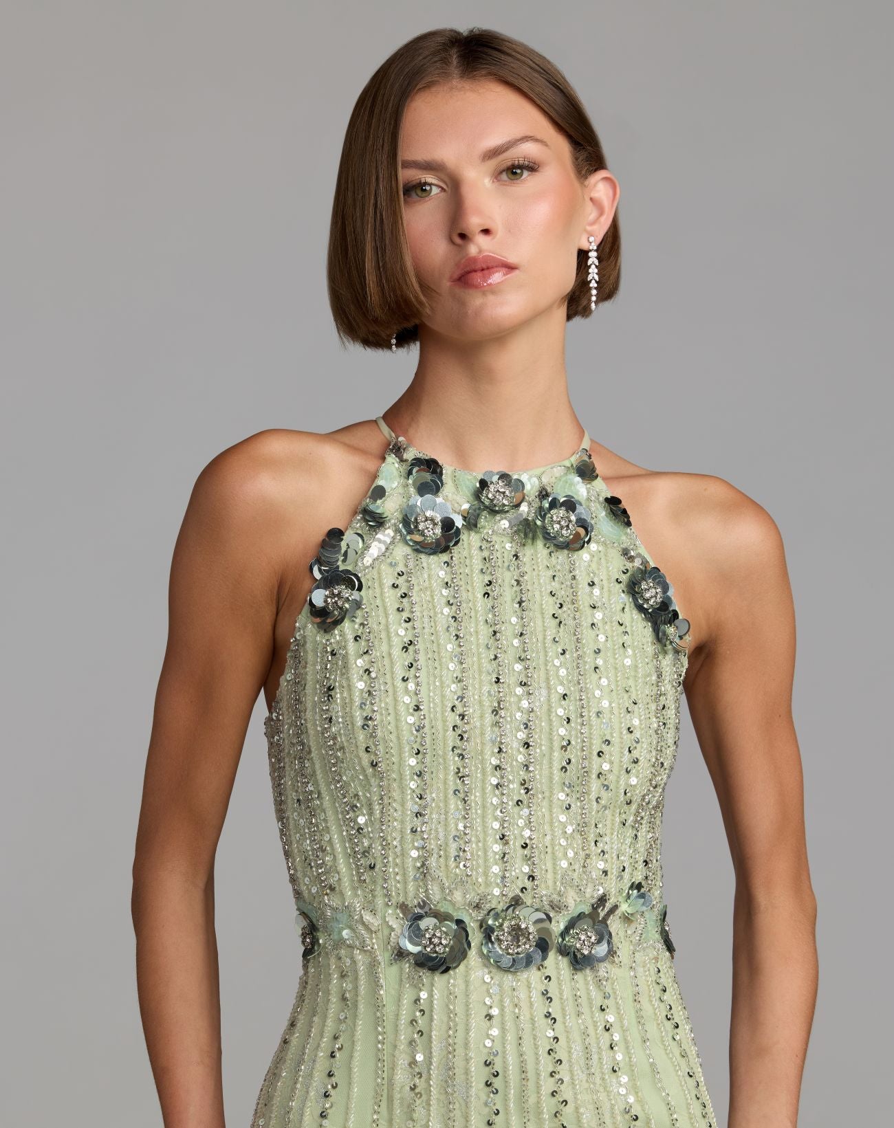 Green Sleeveless 3D Floral Embellished Column Gown - Mac Duggal
